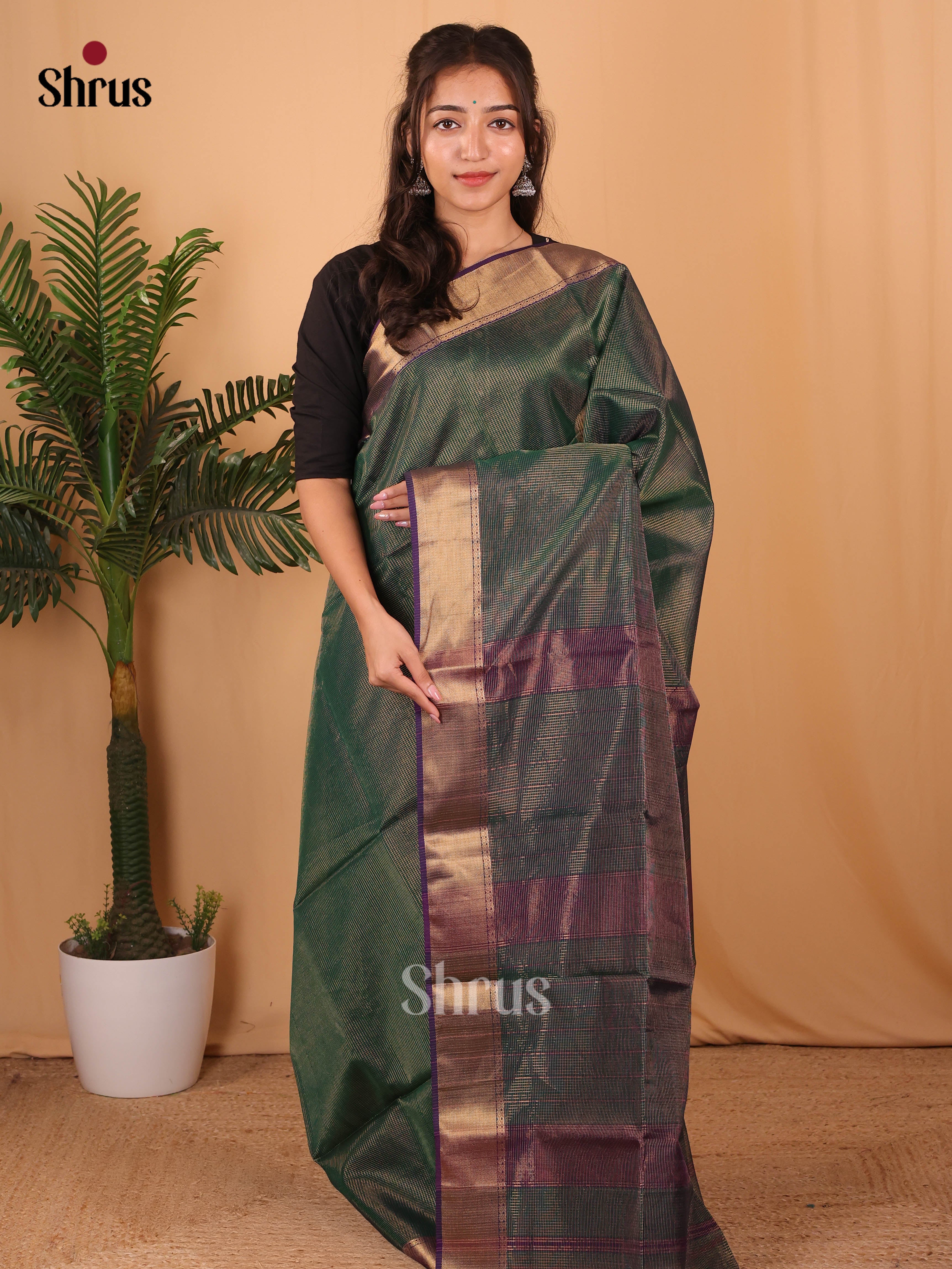 Green & Violet - Maheshwari silkcotton Saree - Shop on Shrus.com