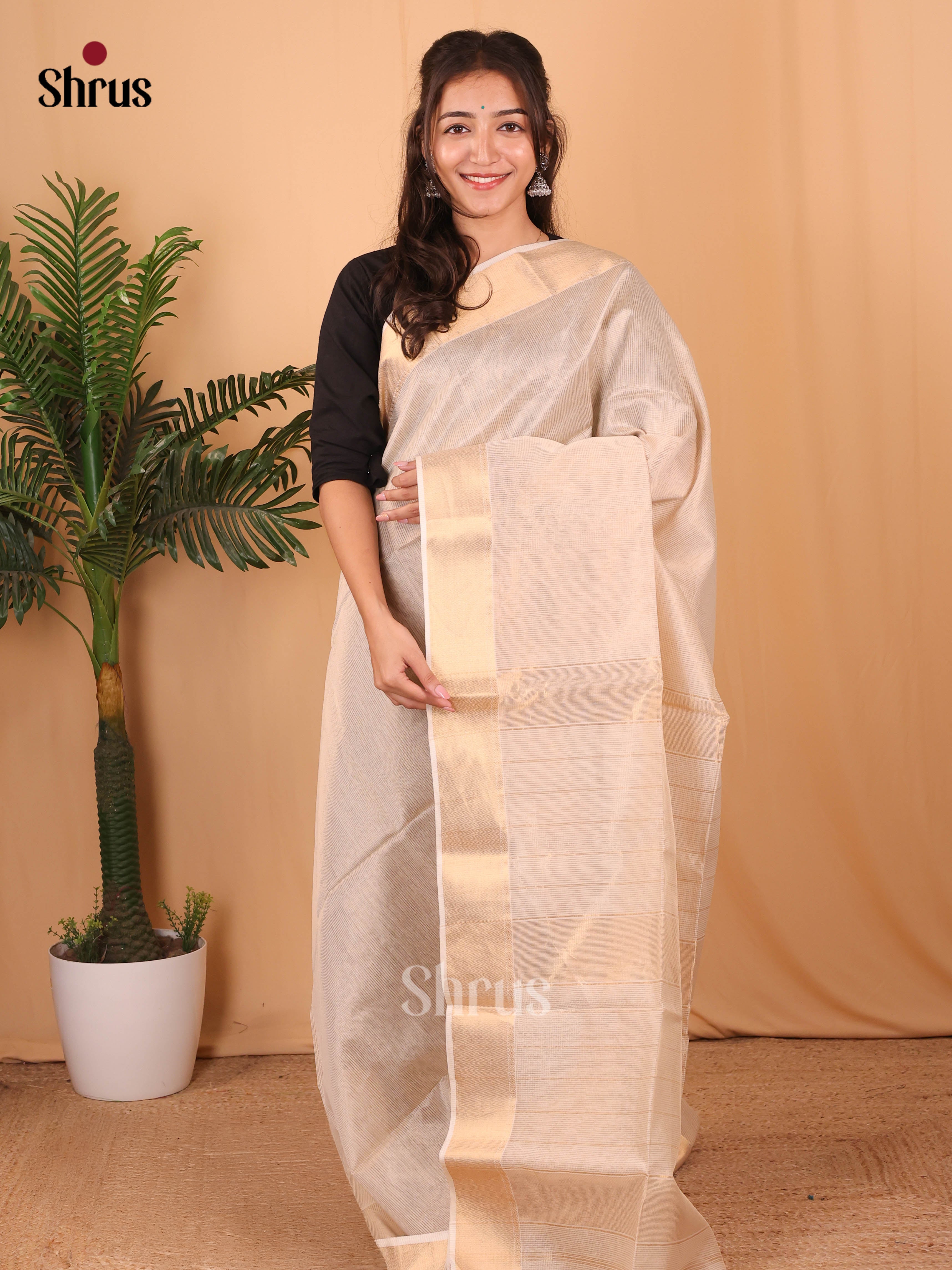 Cream(single Tone) - Maheshwari silkcotton Saree - Shop on Shrus.com