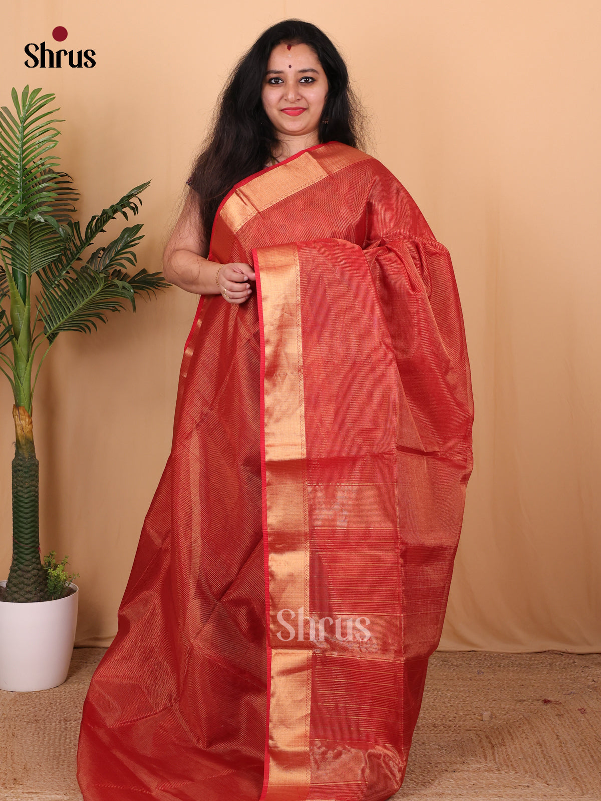 Red(single Tone)- Maheshwari silkcotton Saree - Shop on Shrus.com