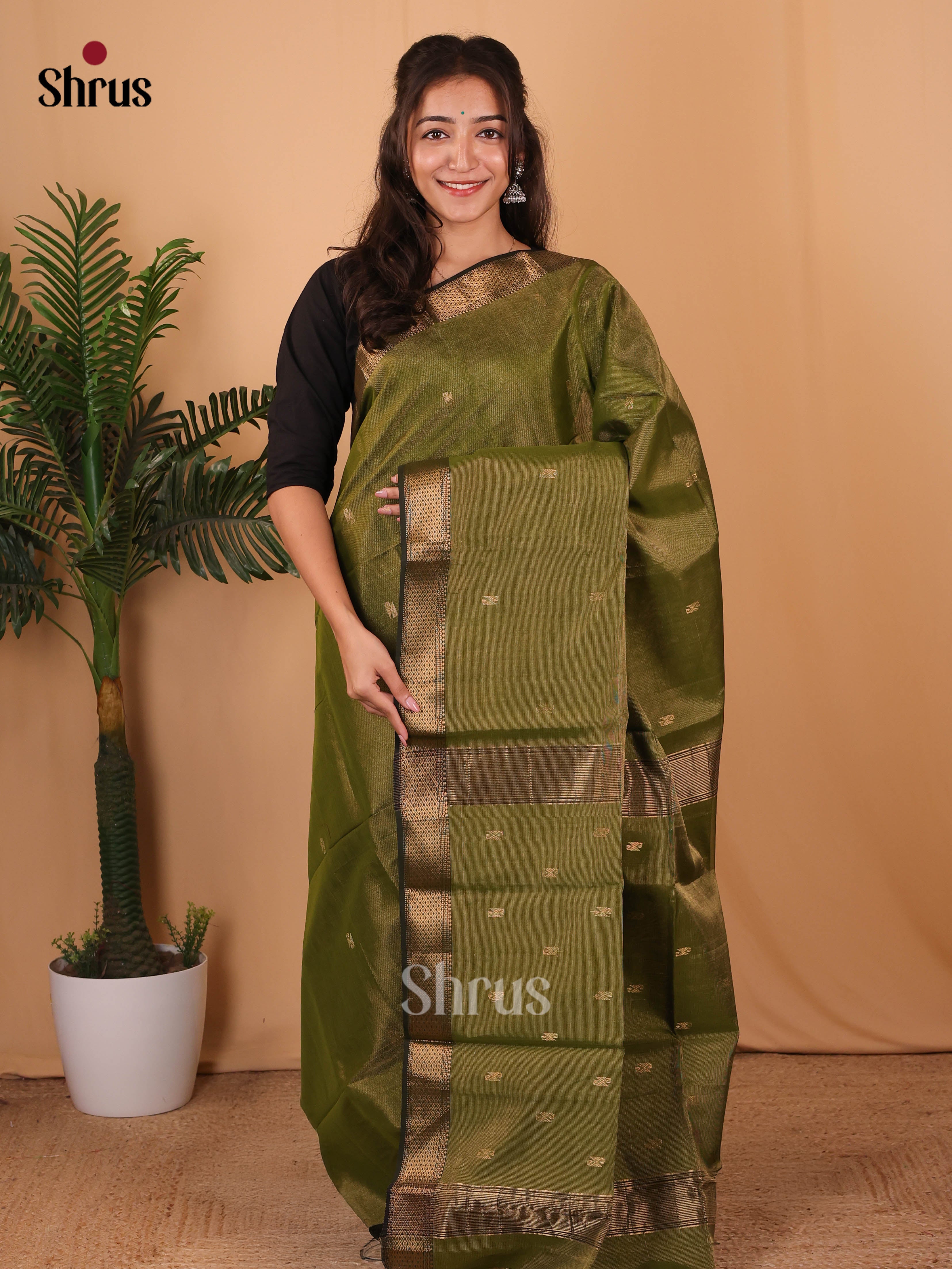 Green & Black - Maheshwari silkcotton Saree - Shop on Shrus.com