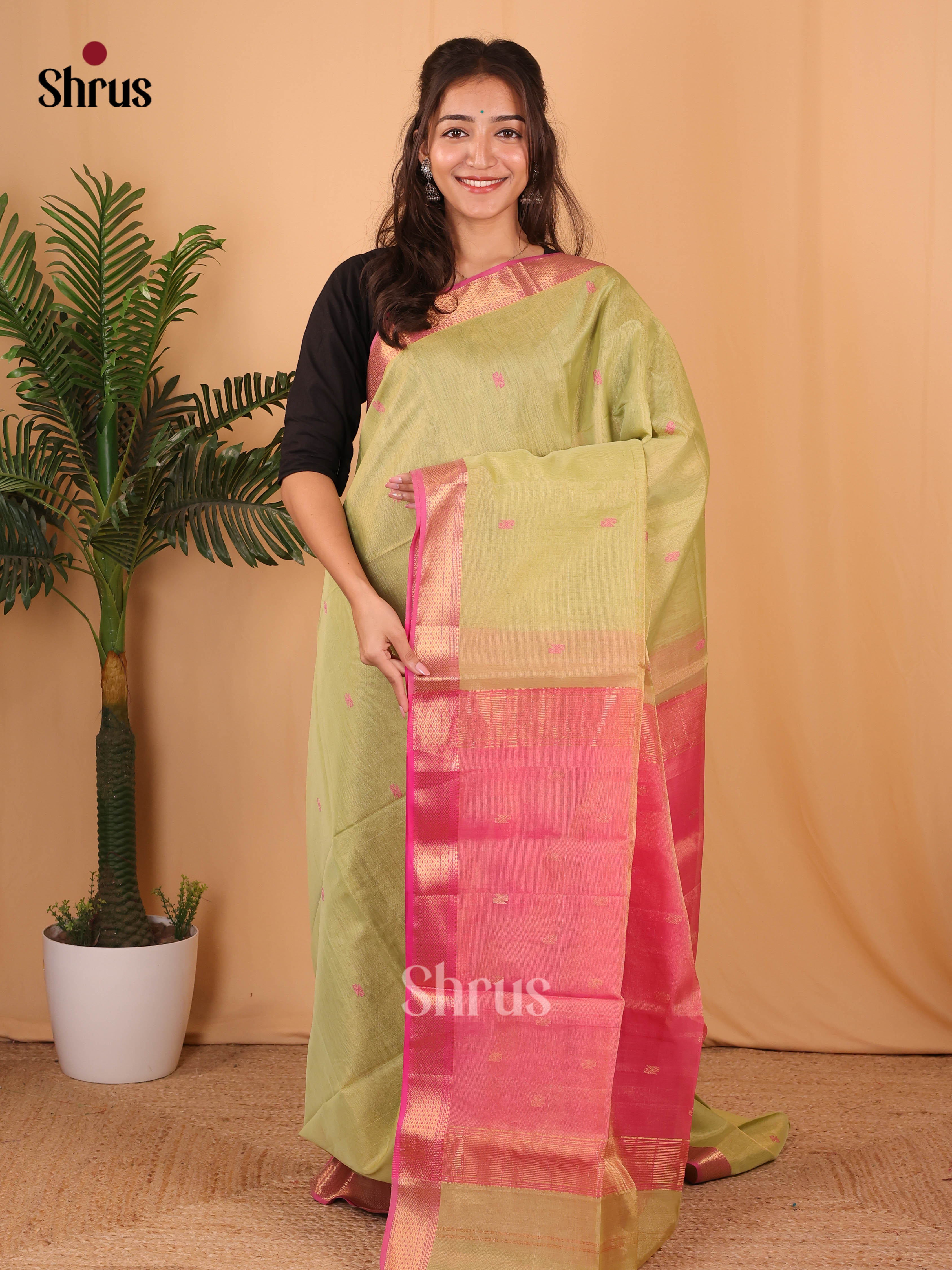 Green & Pink - Maheshwari silkcotton Saree - Shop on Shrus.com