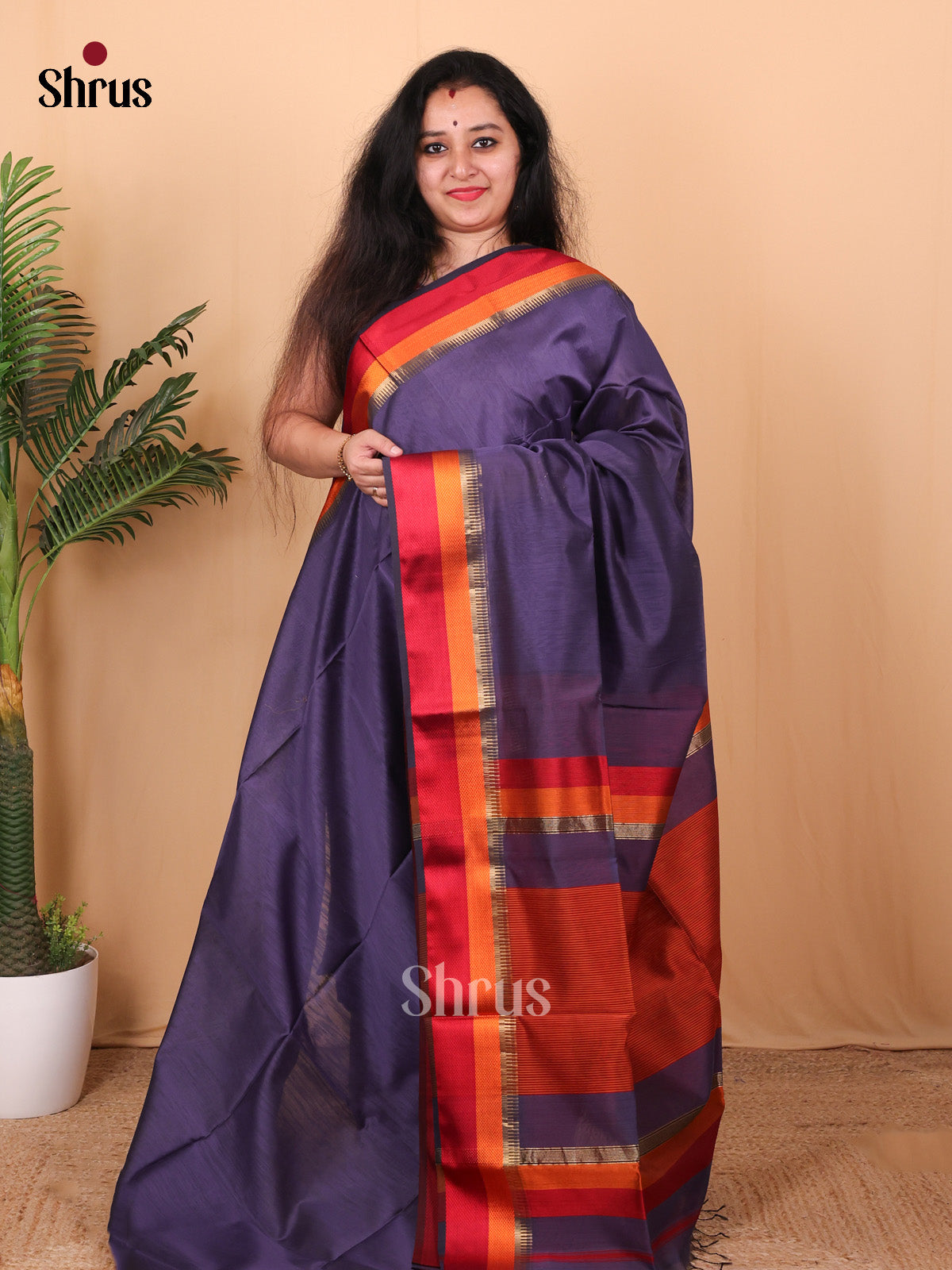 Violet & Red - Maheshwari silkcotton Saree - Shop on Shrus.com