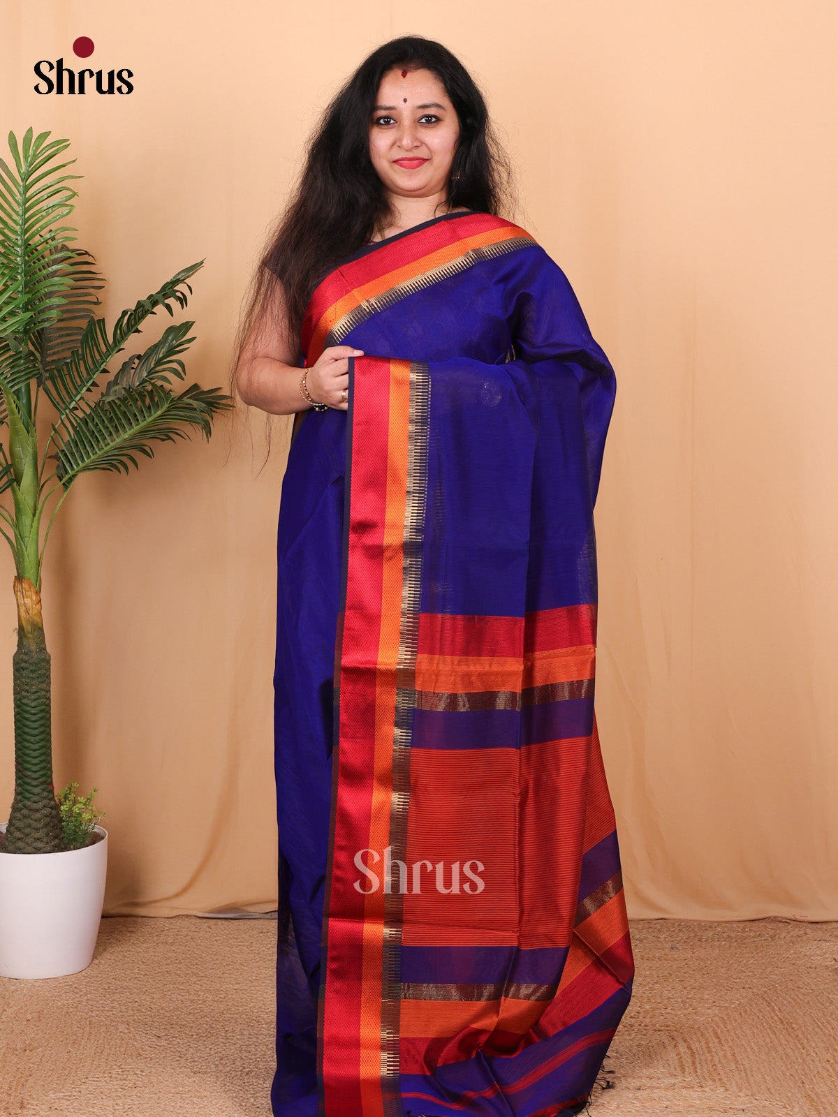 Blue  & Red- Maheshwari silkcotton Saree - Shop on Shrus.com