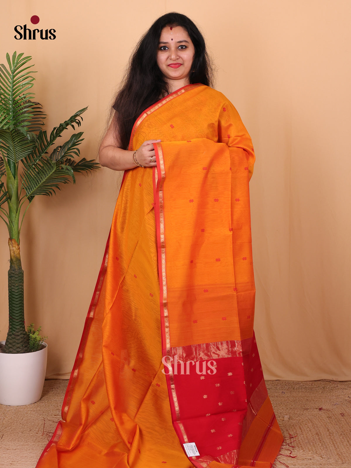 Orange & Red - Maheshwari silkcotton Saree - Shop on Shrus.com