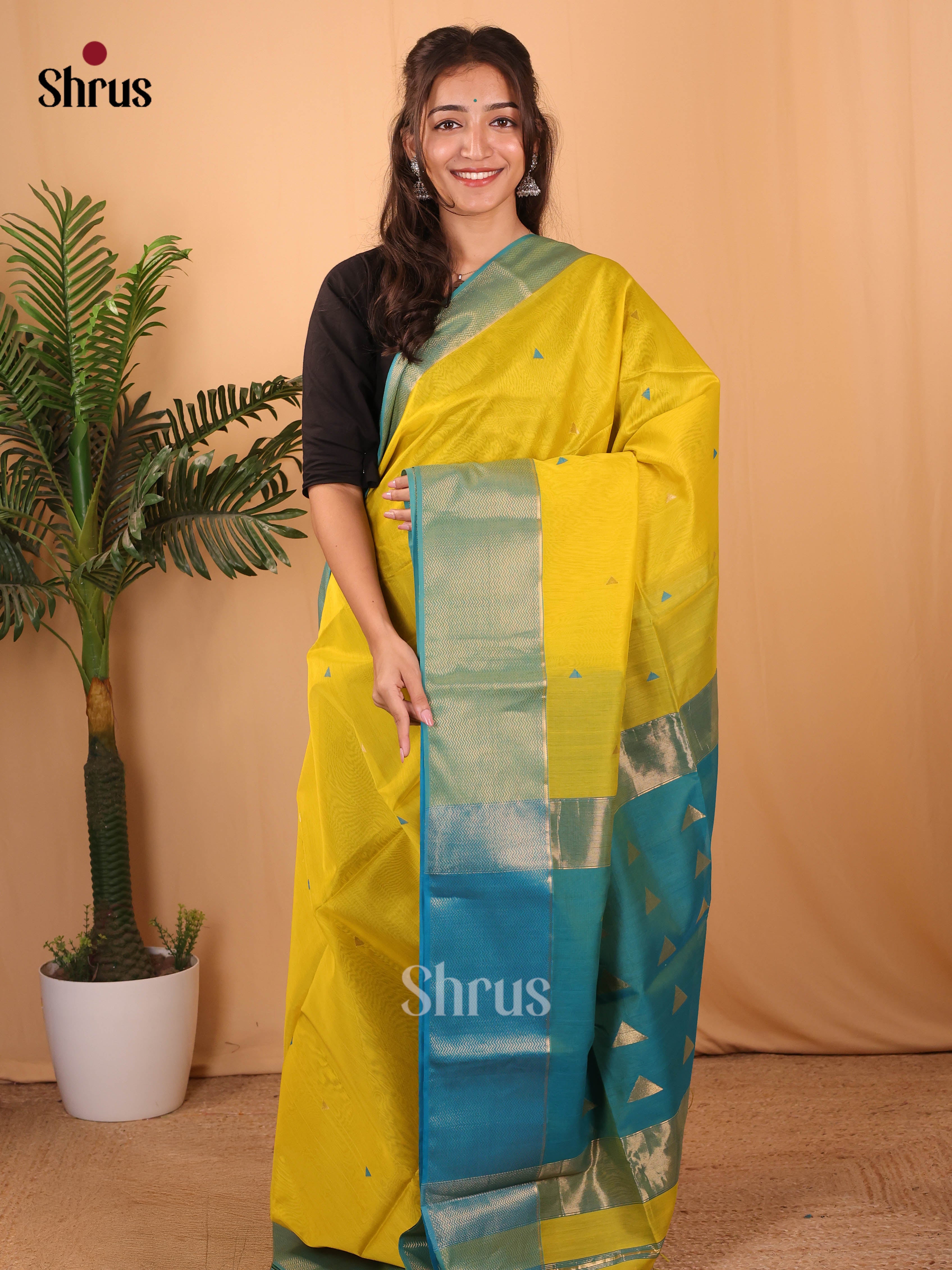 Yellow  & Blue- Maheshwari silkcotton Saree - Shop on Shrus.com