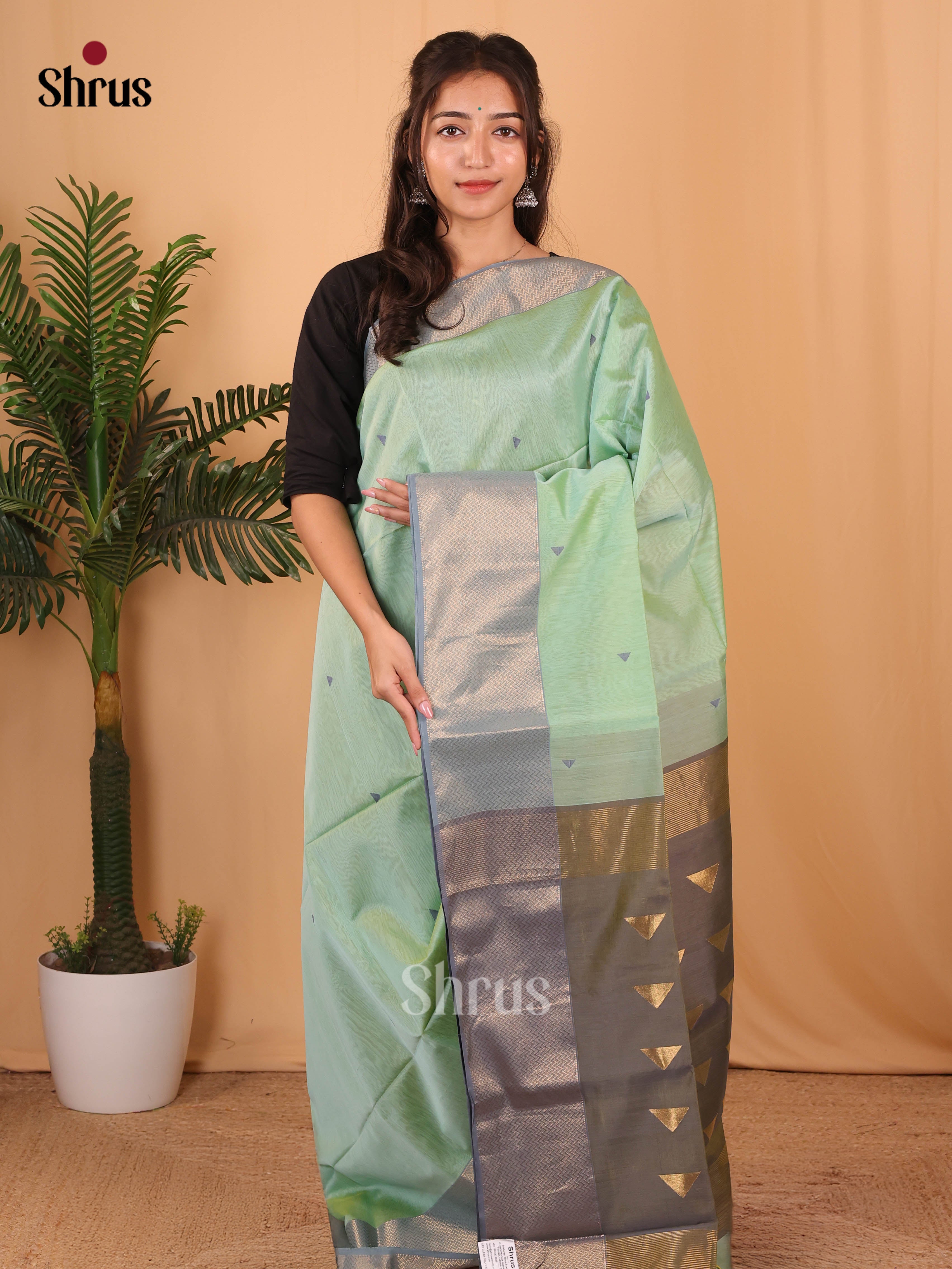 Pastel Green & grey - Maheshwari silkcotton Saree - Shop on Shrus.com