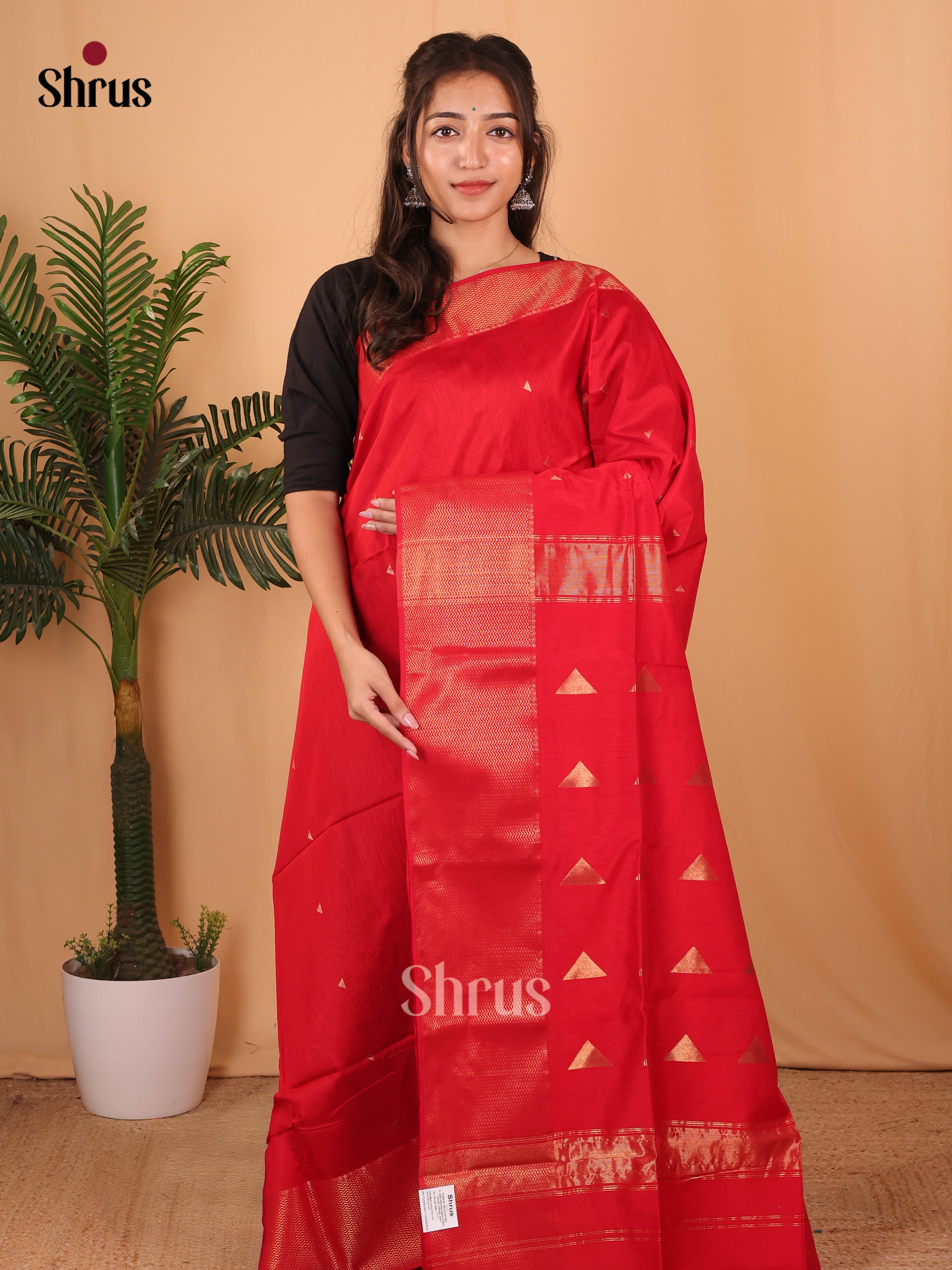 Red(single tone)- Maheshwari silkcotton Saree - Shop on Shrus.com