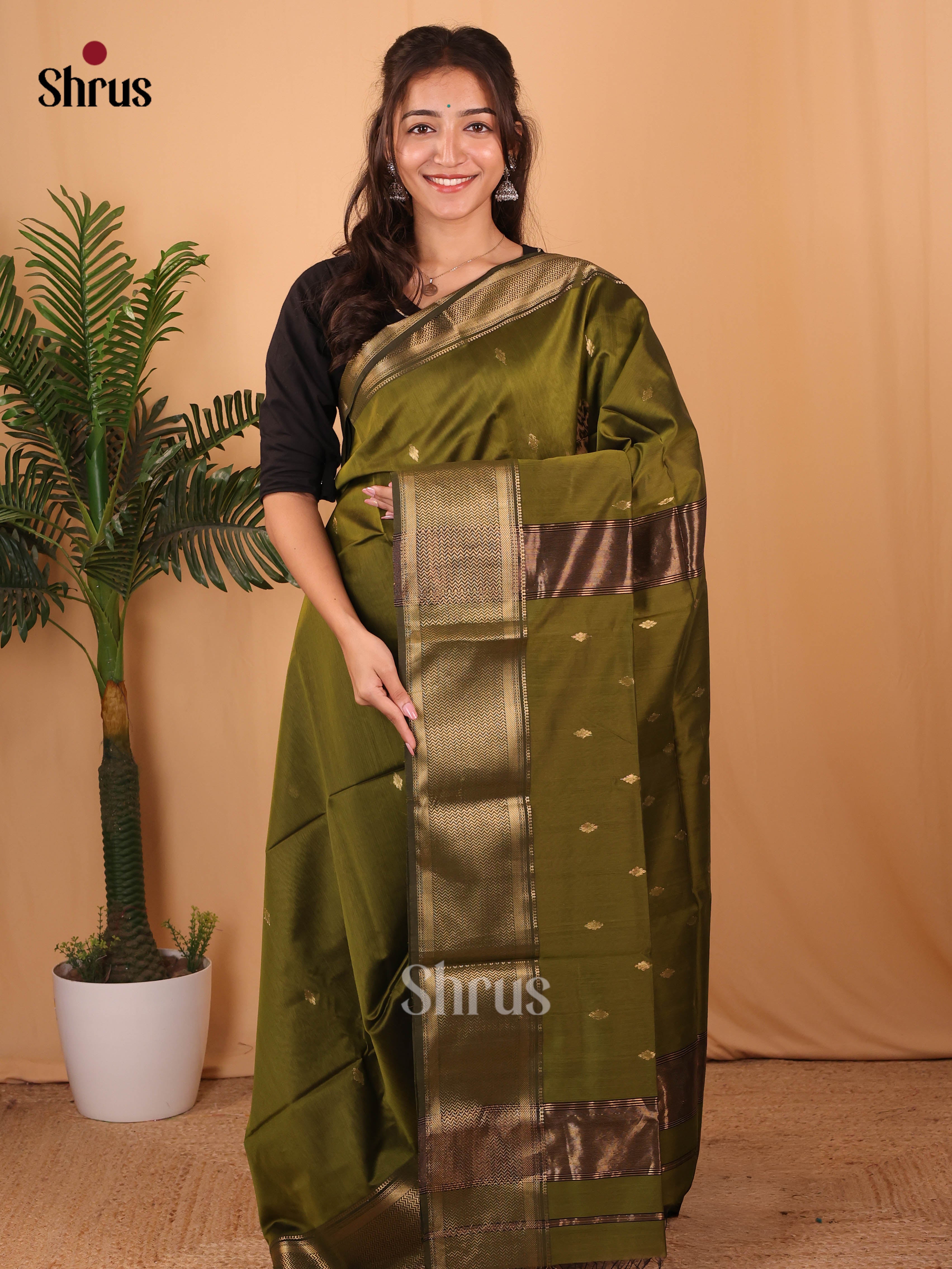 Mehandi Green(Single Tone) - Maheshwari silkcotton Saree - Shop on Shrus.com