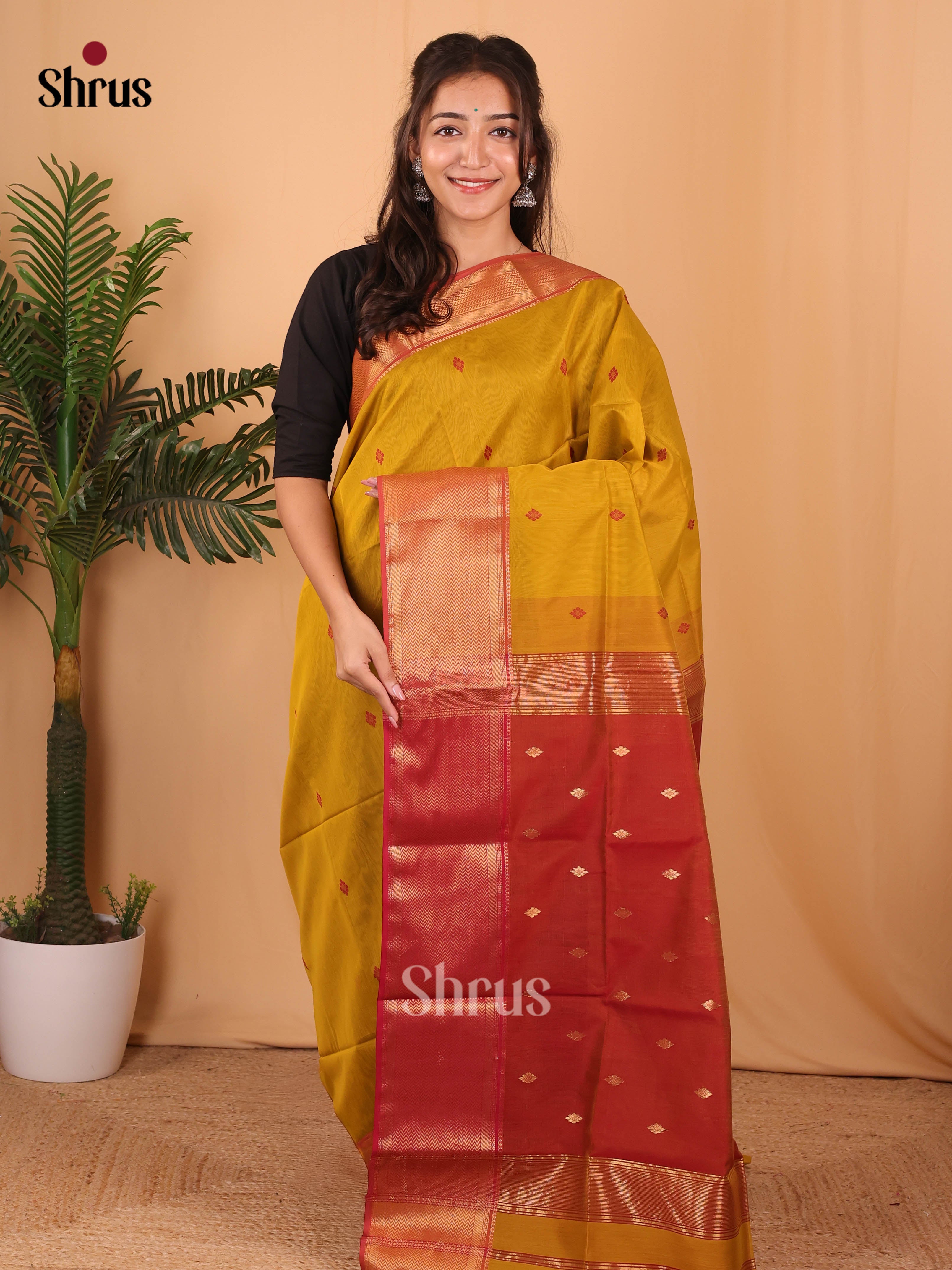 Mustardy Green & Red- Maheshwari silkcotton Saree - Shop on Shrus.com