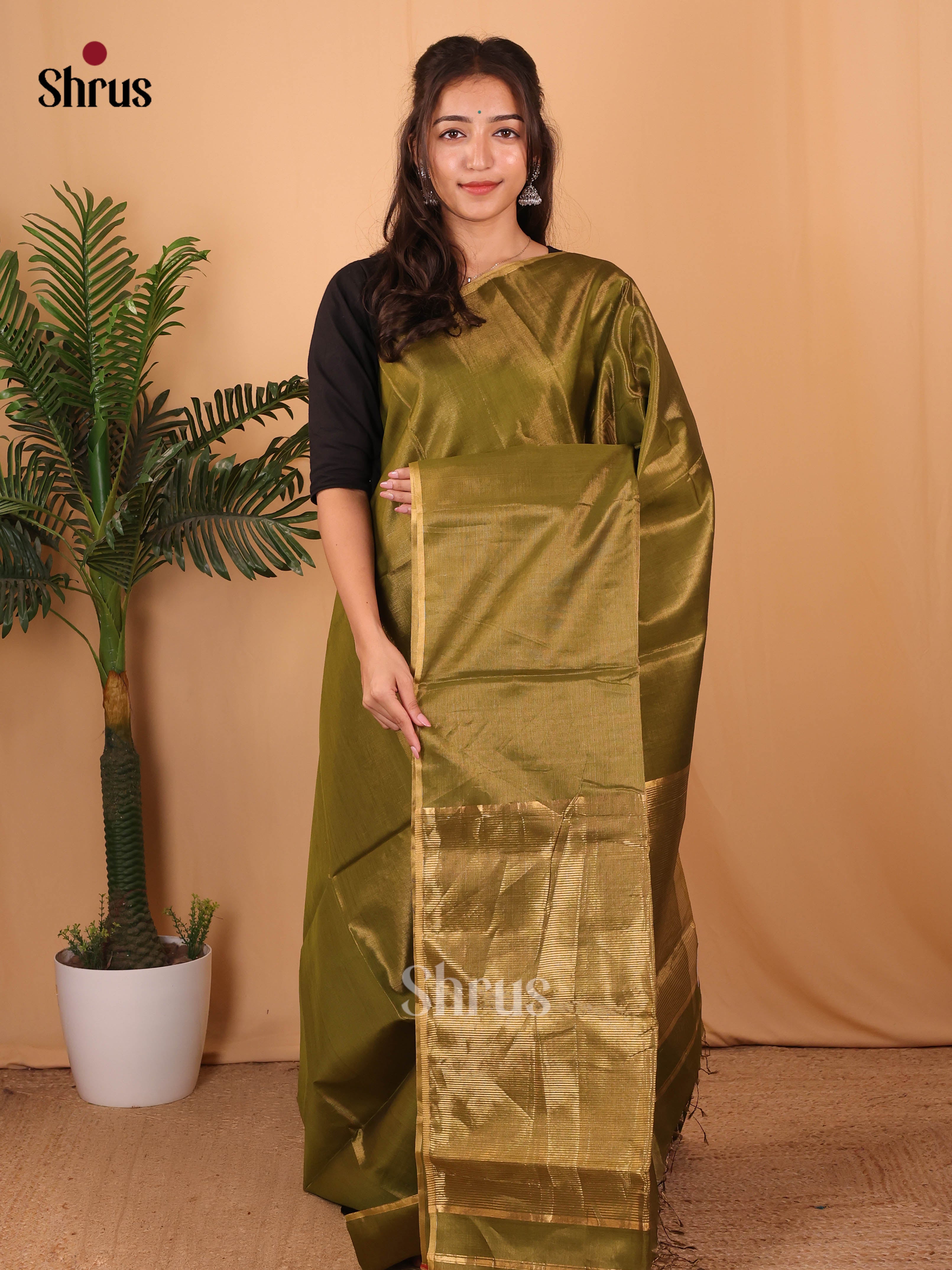 Green(Single Tone)- Maheshwari silkcotton Saree - Shop on Shrus.com