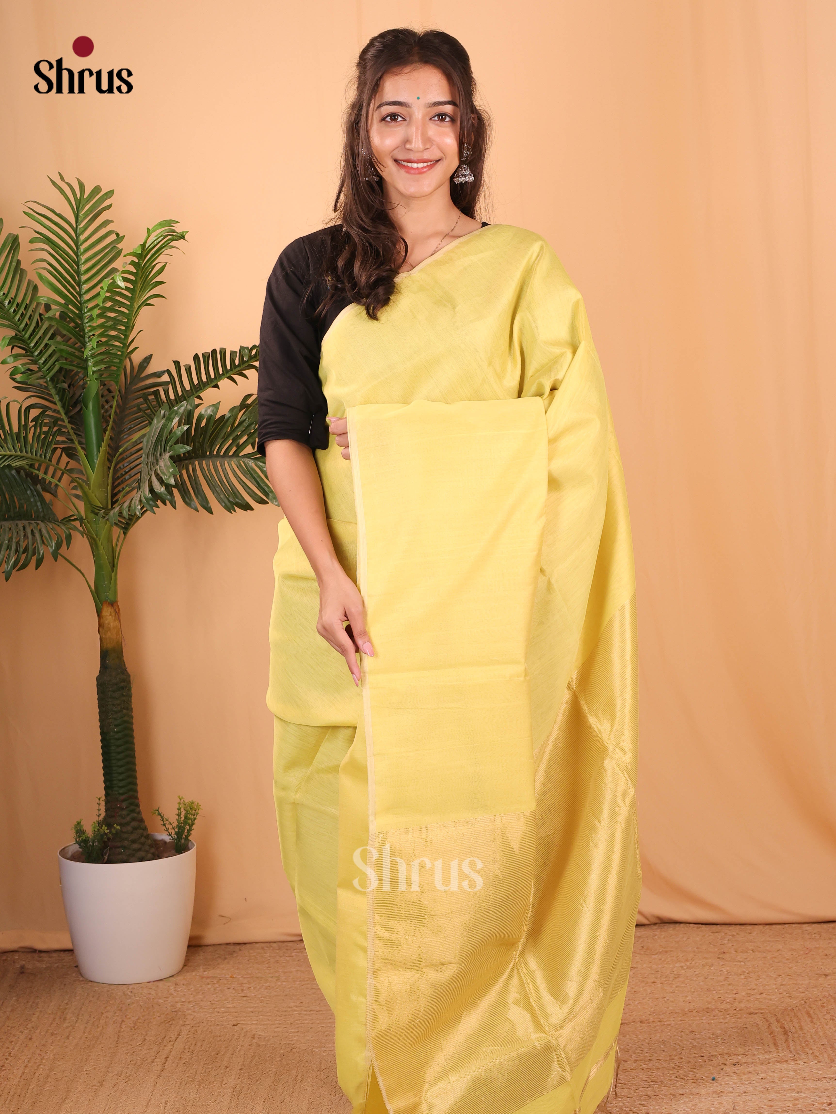Pale Yellow(Single Tone)- Maheshwari silkcotton Saree - Shop on Shrus.com