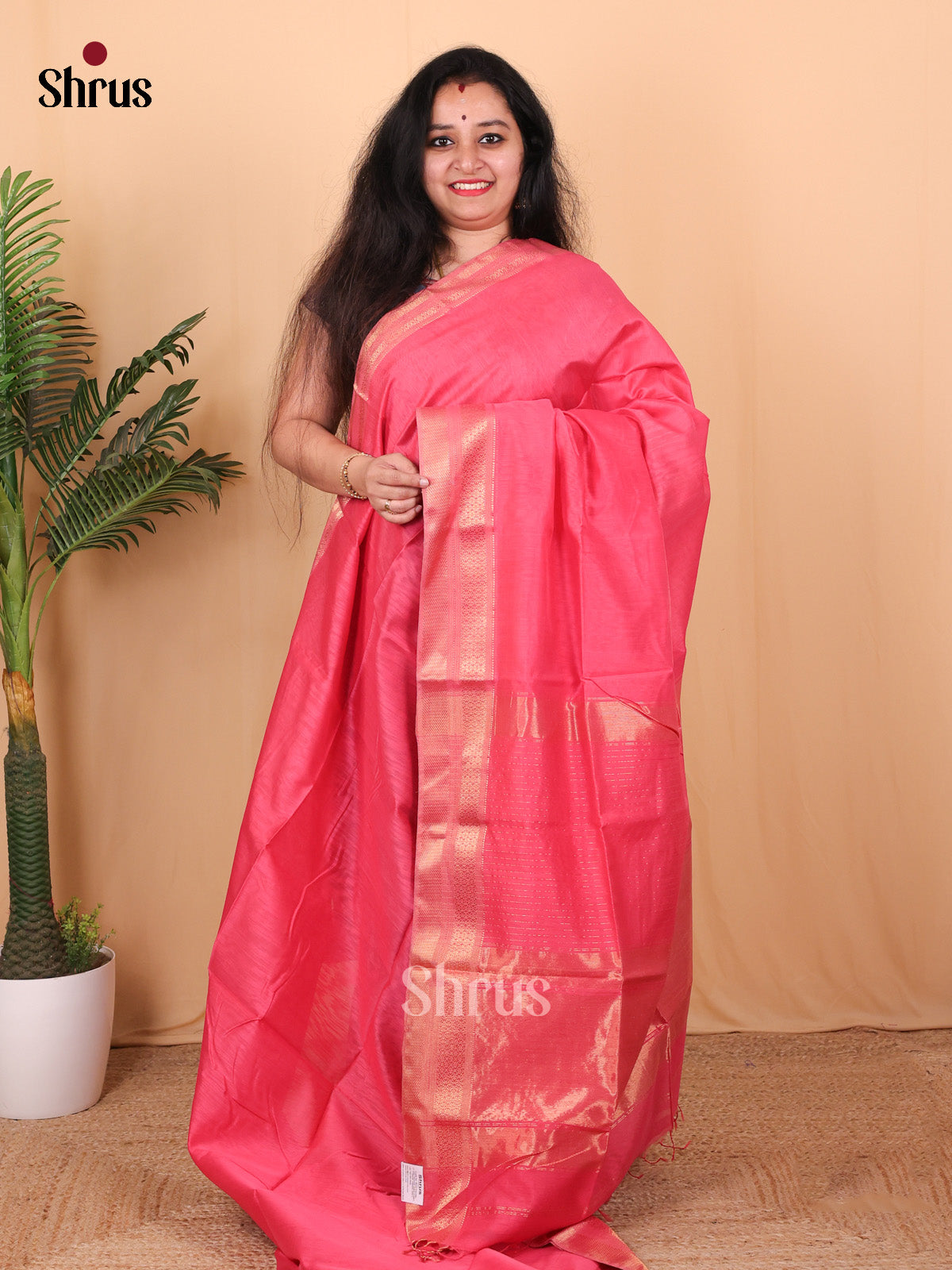Pink(single Tone) - Maheshwari silkcotton Saree - Shop on Shrus.com