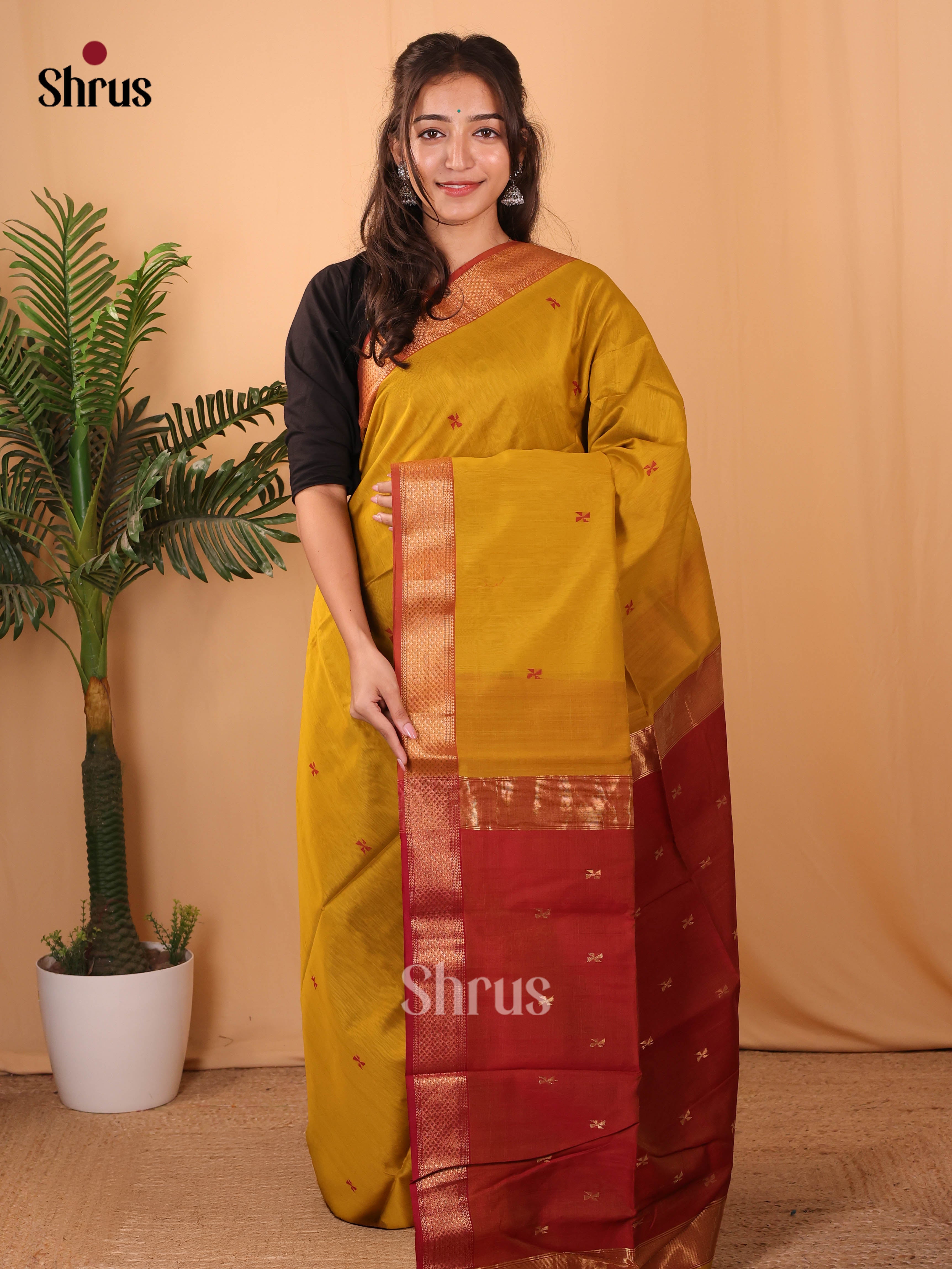 Mustard & Red- Maheshwari silkcotton Saree - Shop on Shrus.com