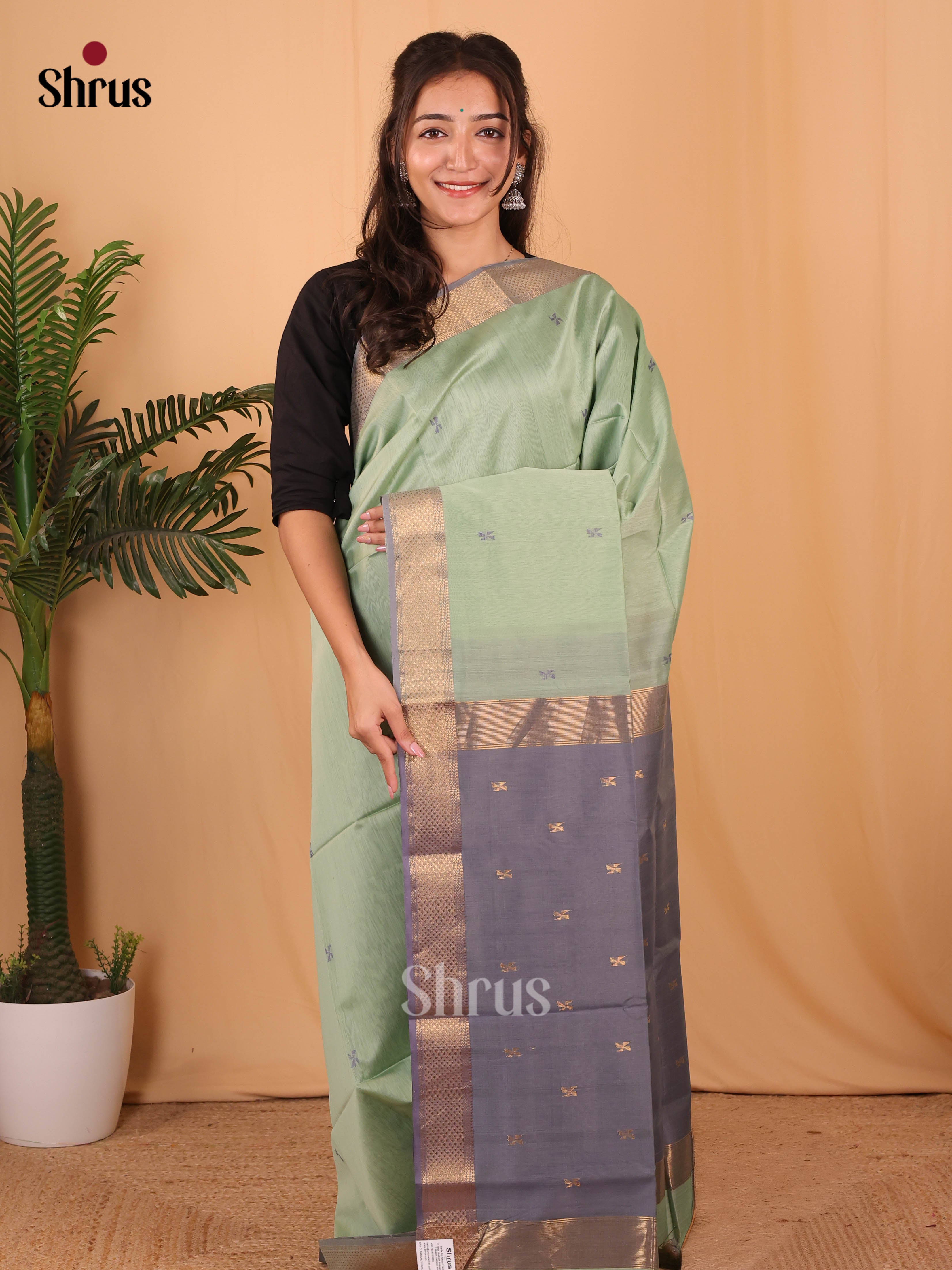 Pastel Green & Grey - Maheshwari silkcotton Saree - Shop on Shrus.com
