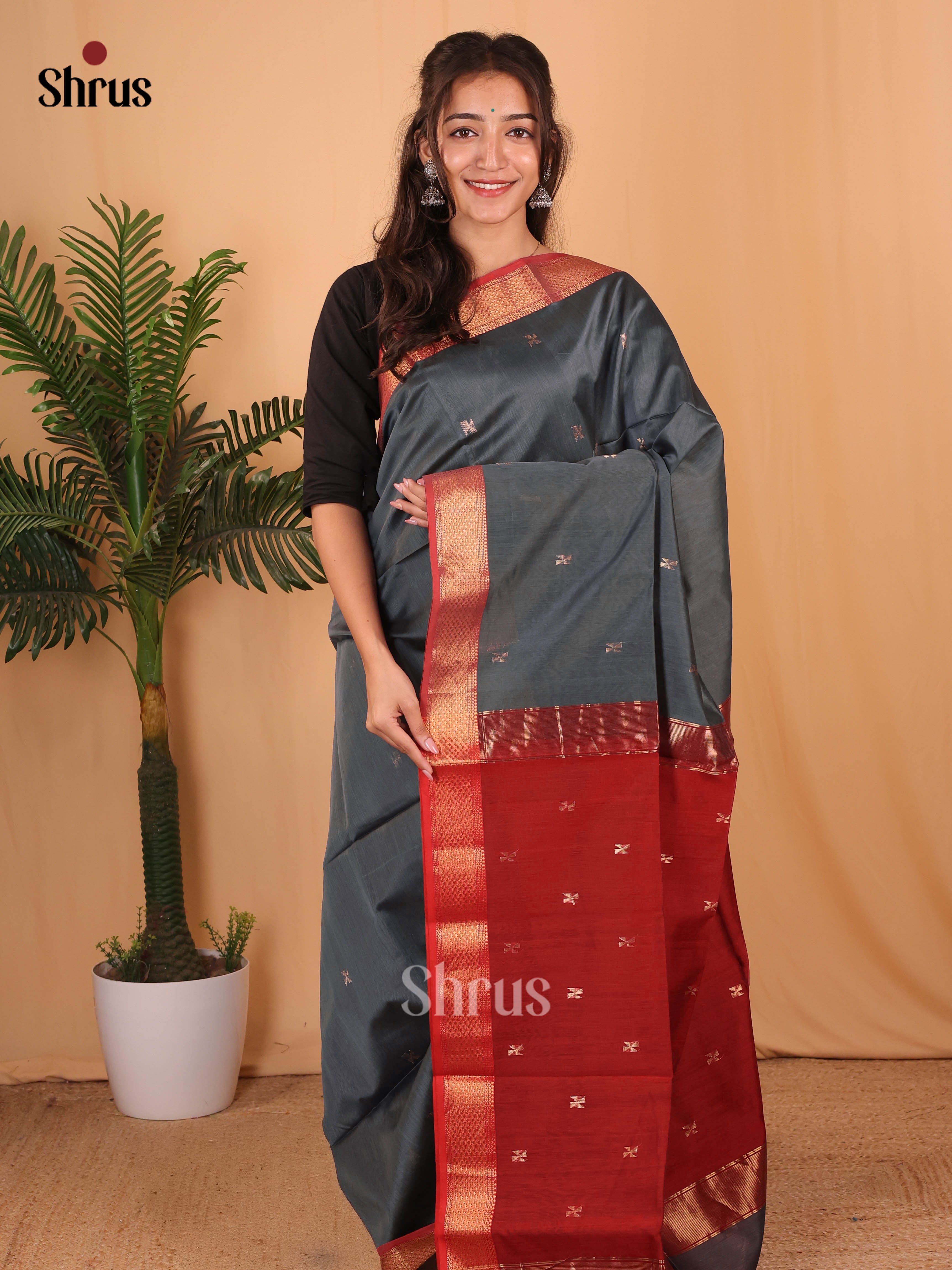 Grey & Red- Maheshwari silkcotton Saree - Shop on Shrus.com