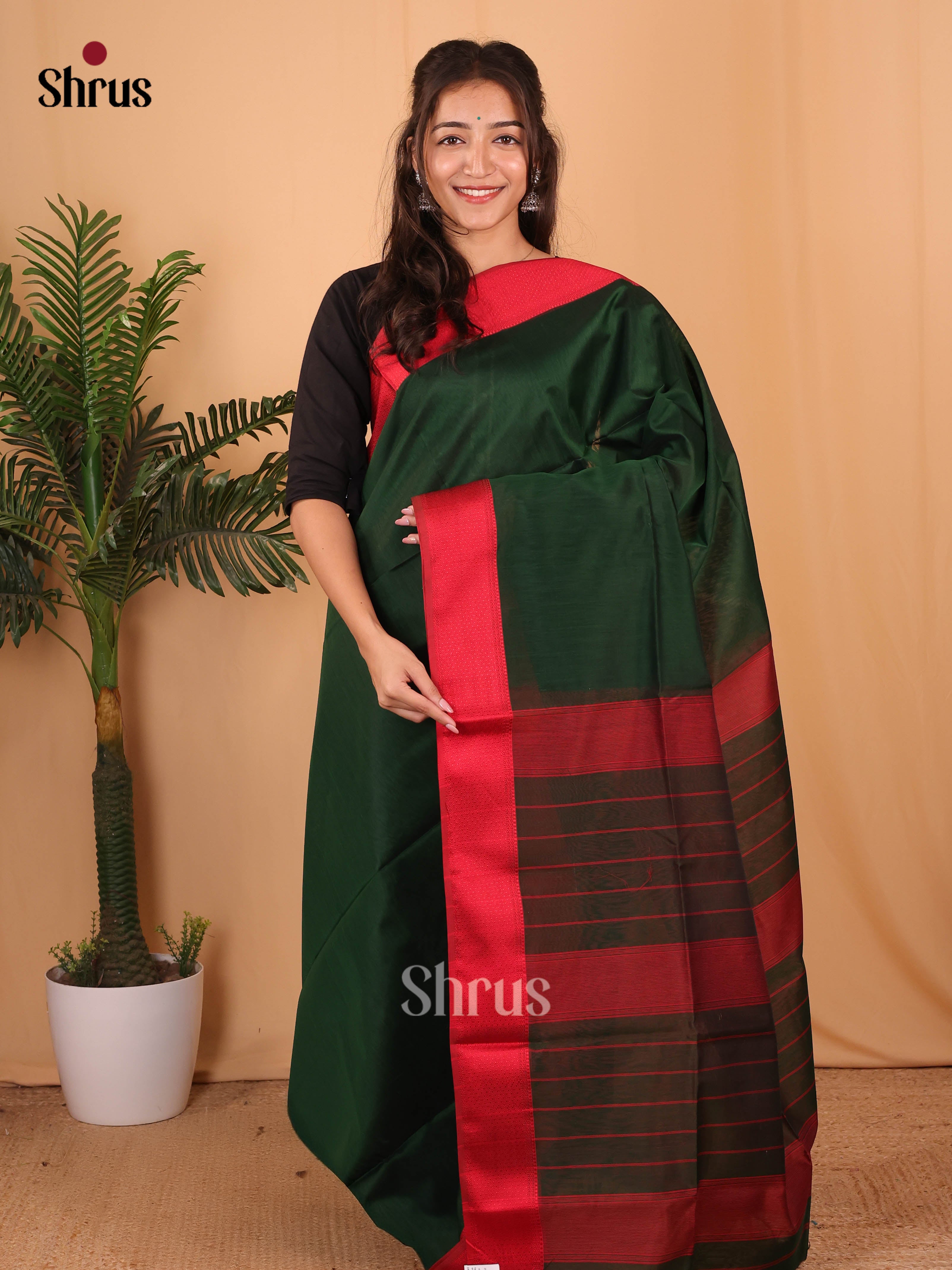 Green & Red- Maheshwari silkcotton Saree - Shop on Shrus.com