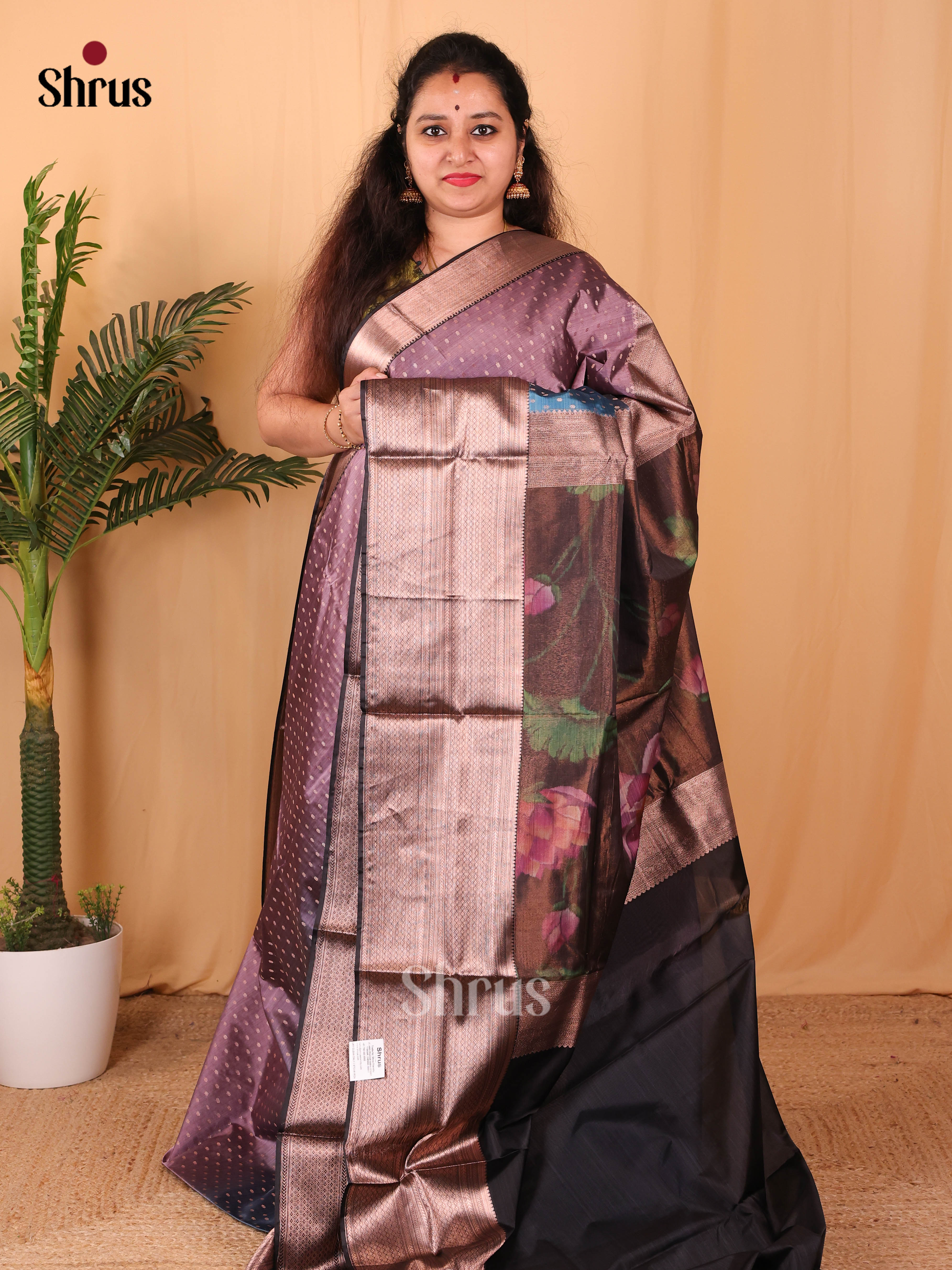 Purple & Blue - Kanchipuram-halfpure Saree - Shop on Shrus.com