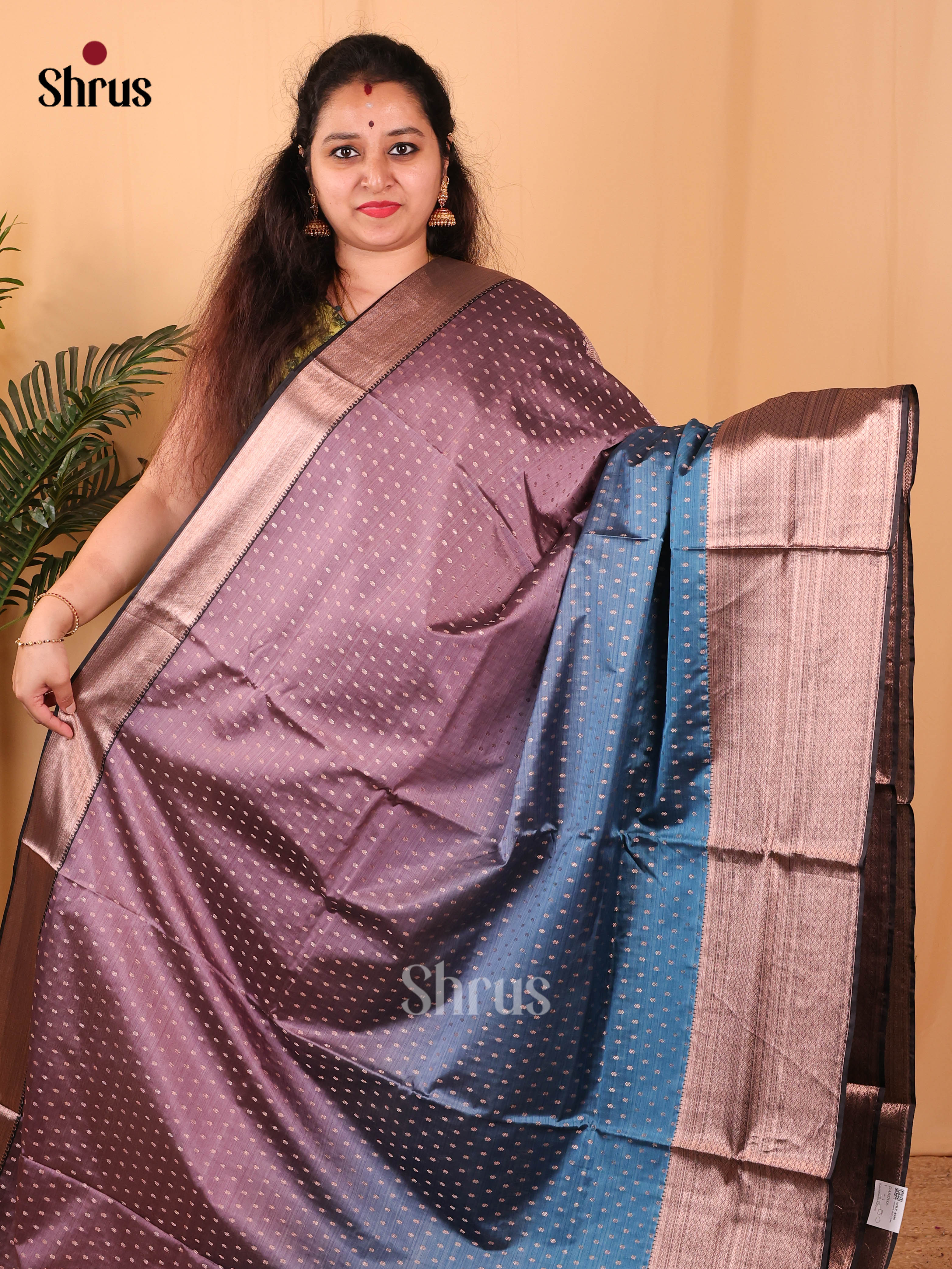 Purple & Blue - Kanchipuram-halfpure Saree - Shop on Shrus.com
