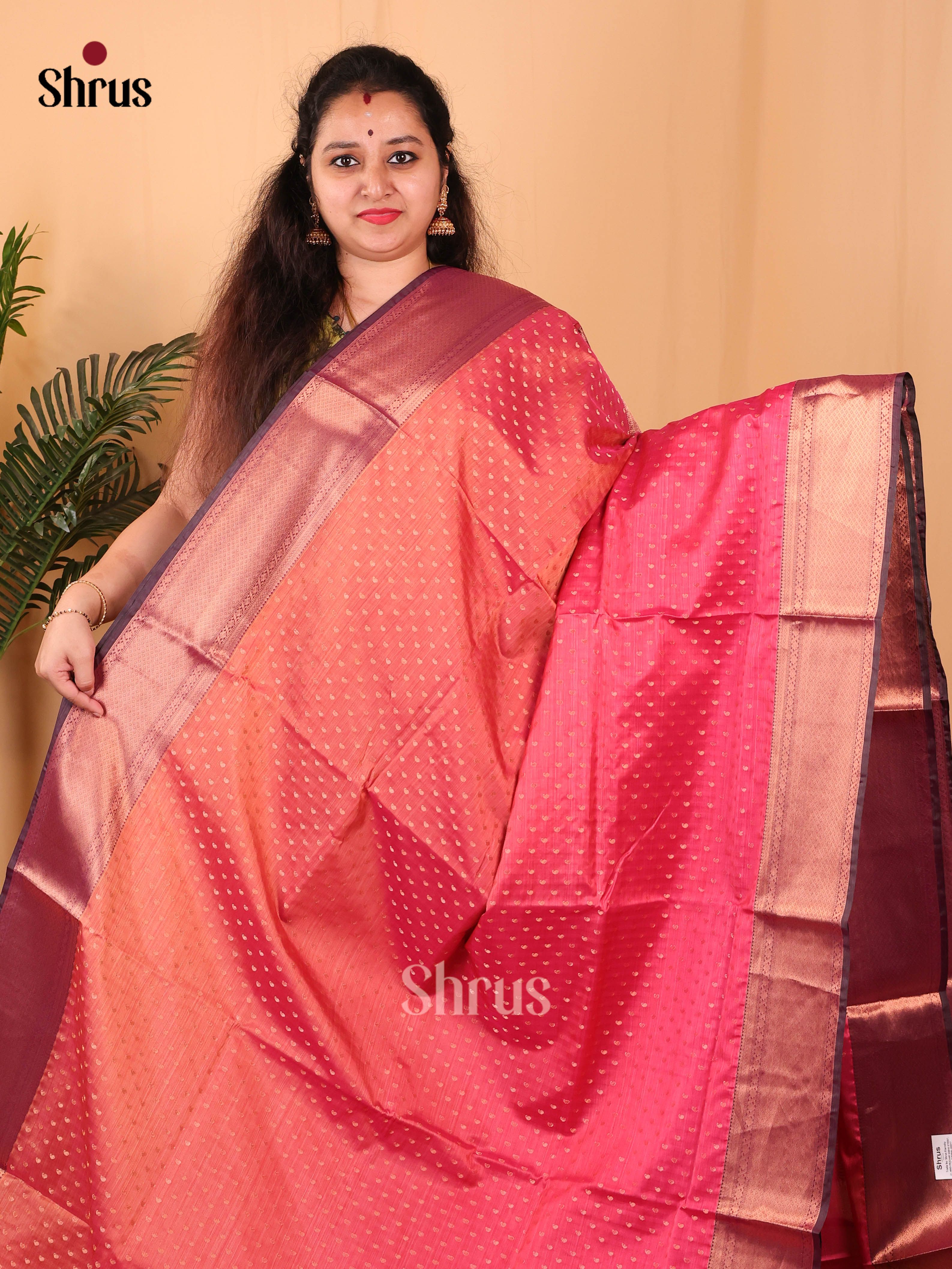 Orangish Pink & Maroon  - Kanchipuram-halfpure Saree - Shop on Shrus.com
