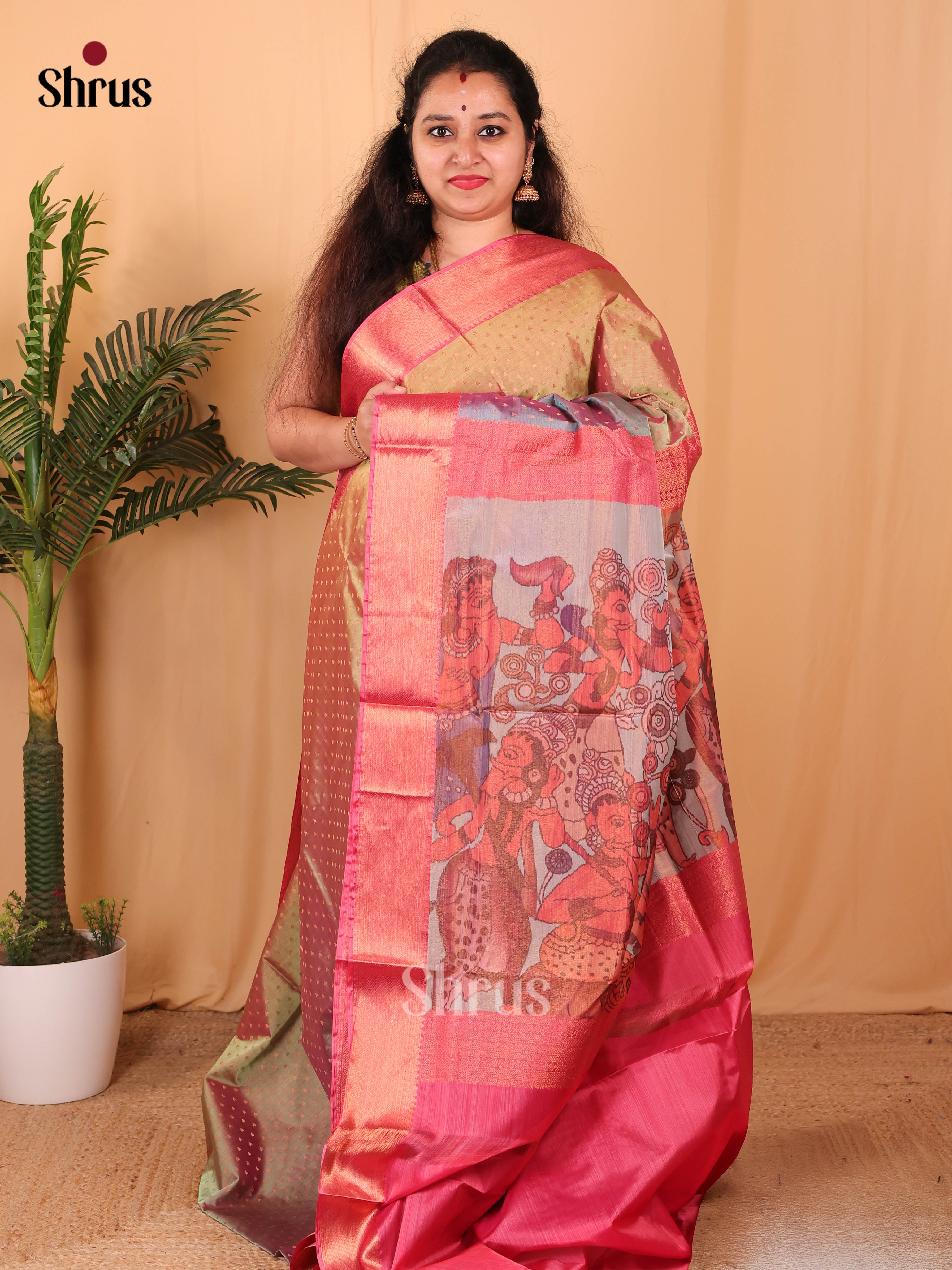 Double Shaded Gold green & Pink - Kanchipuram-halfpure Saree - Shop on Shrus.com