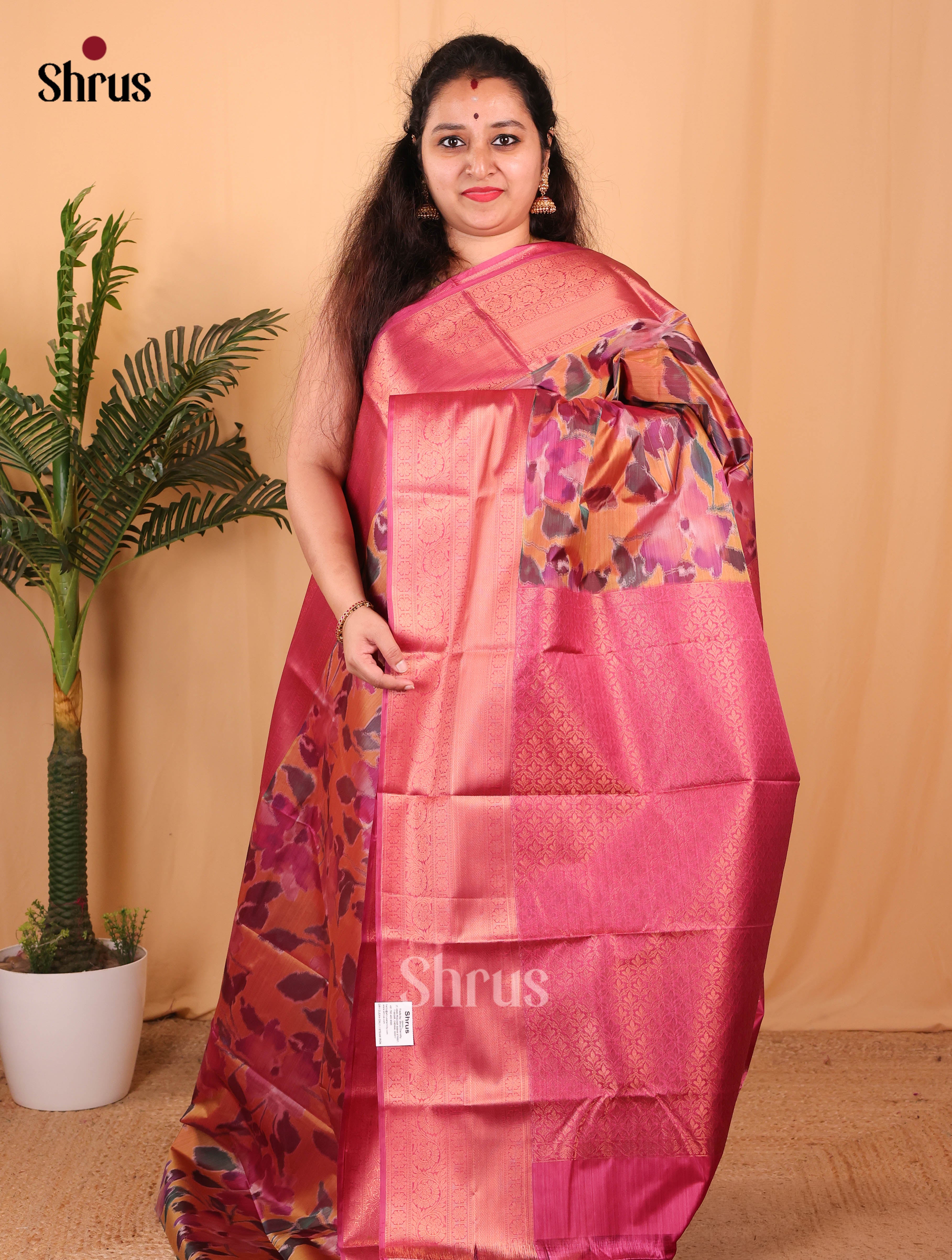 Orange & Pink- Kanchipuram-halfpure Saree - Shop on Shrus.com