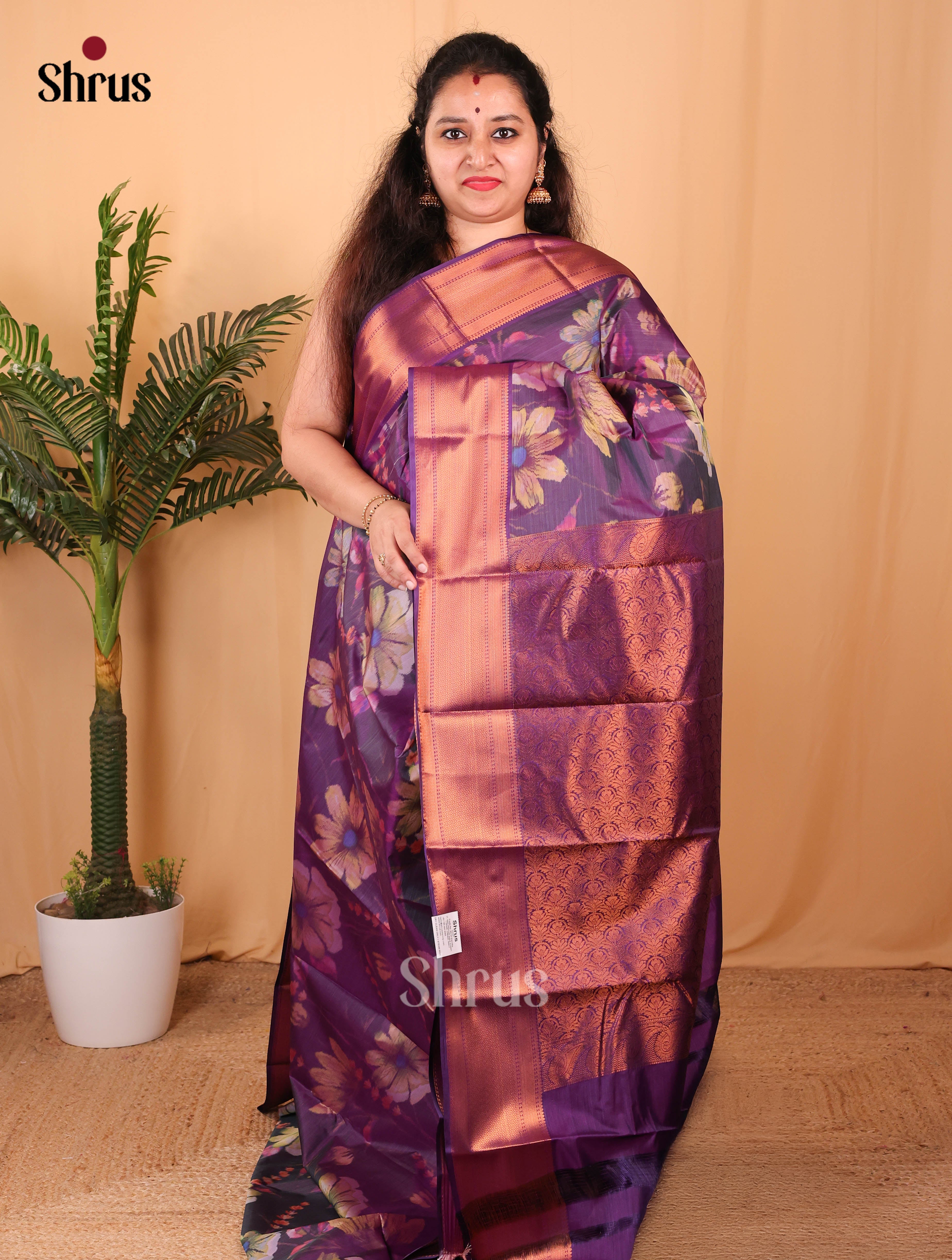 Dark Purple(Single Tone) - Kanchipuram-halfpure Saree - Shop on Shrus.com