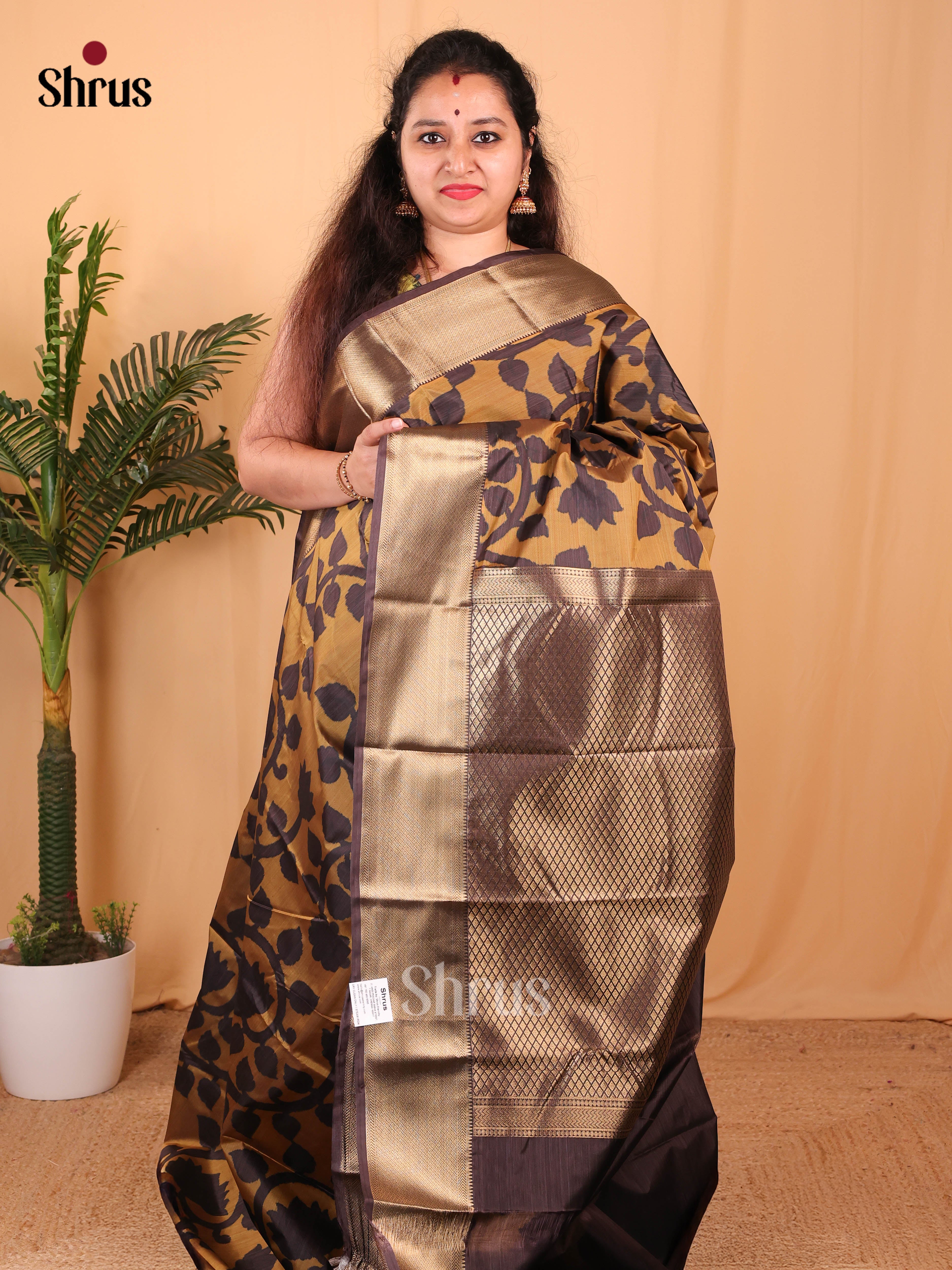 Dark Mustard & Brown - Kanchipuram-halfpure Saree - Shop on Shrus.com