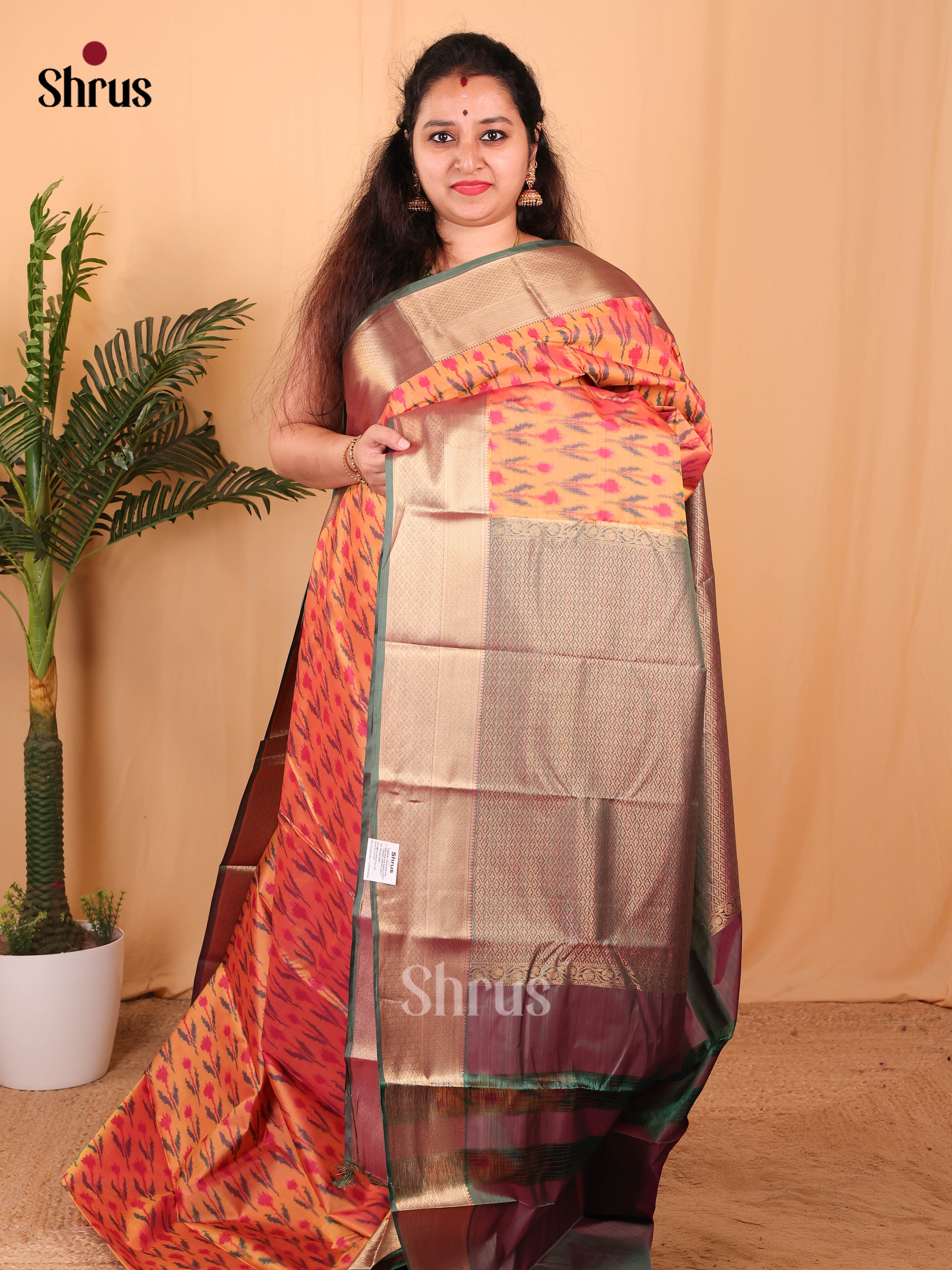 Orange & Green- Kanchipuram-halfpure Saree - Shop on Shrus.com