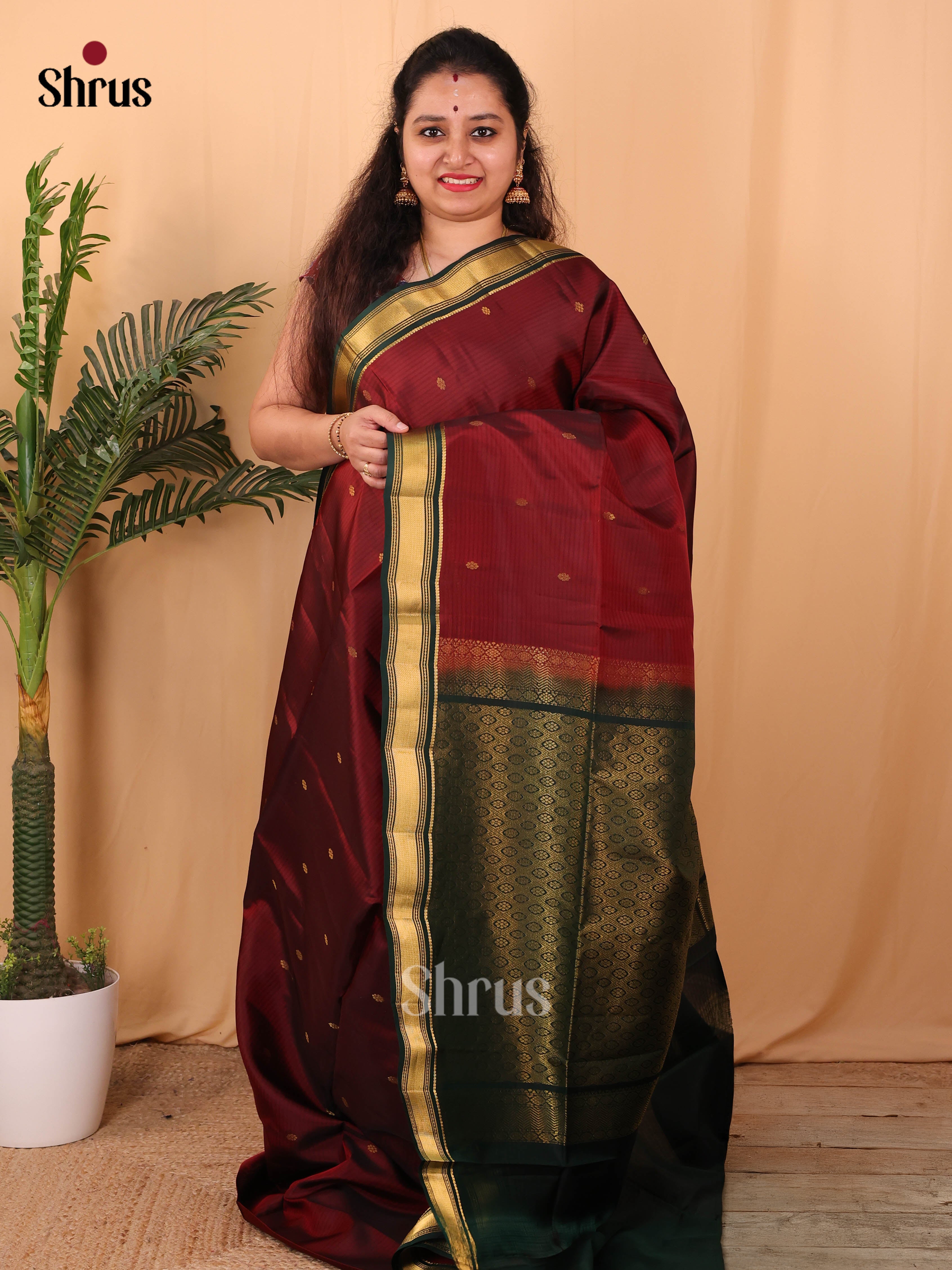 Maroon & Green - Softsilk-halfpure Saree - Shop on Shrus.com