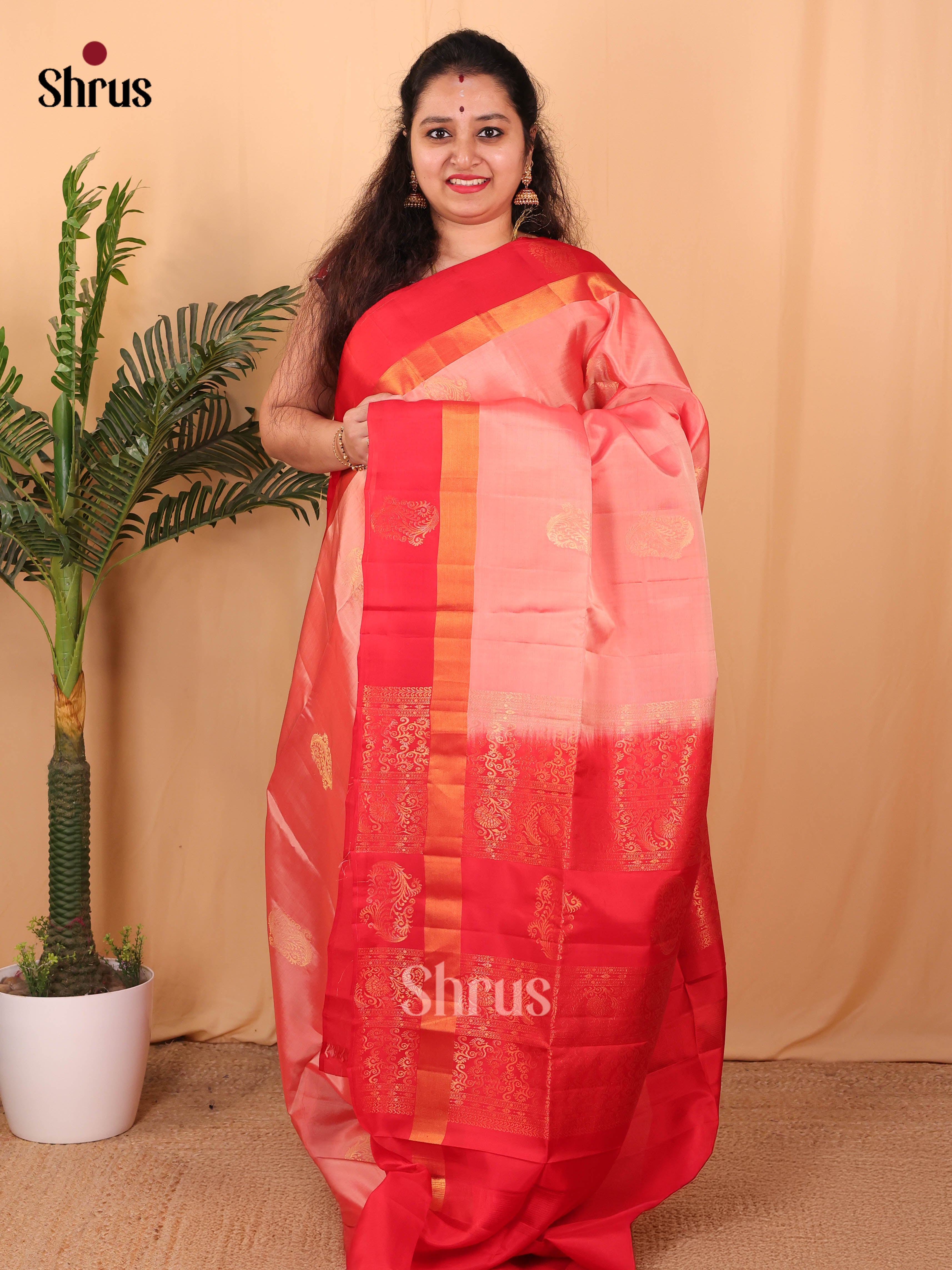 Pink & Red - Softsilk-halfpure Saree - Shop on Shrus.com
