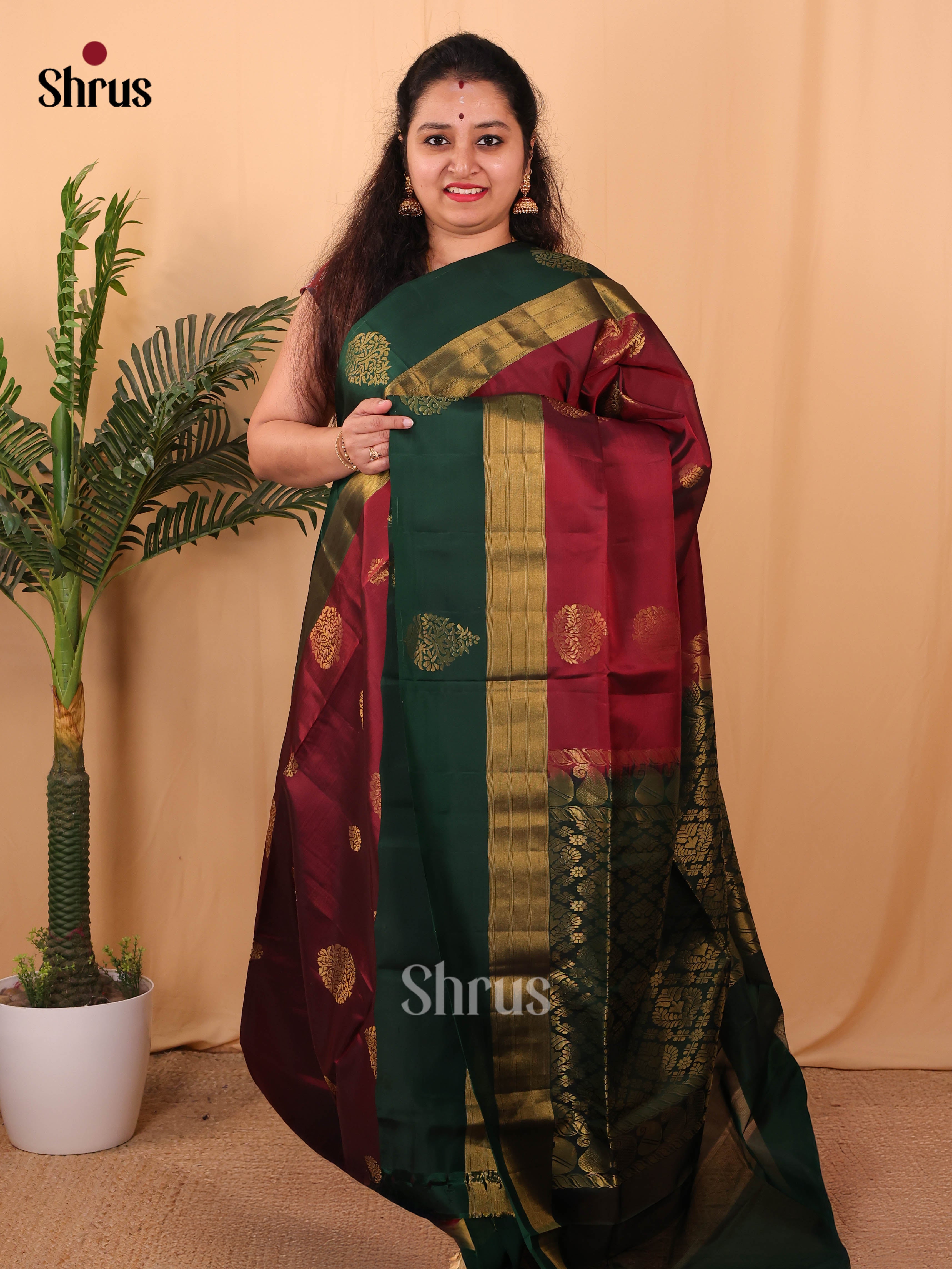 Maroon & Green - Softsilk-halfpure Saree - Shop on Shrus.com