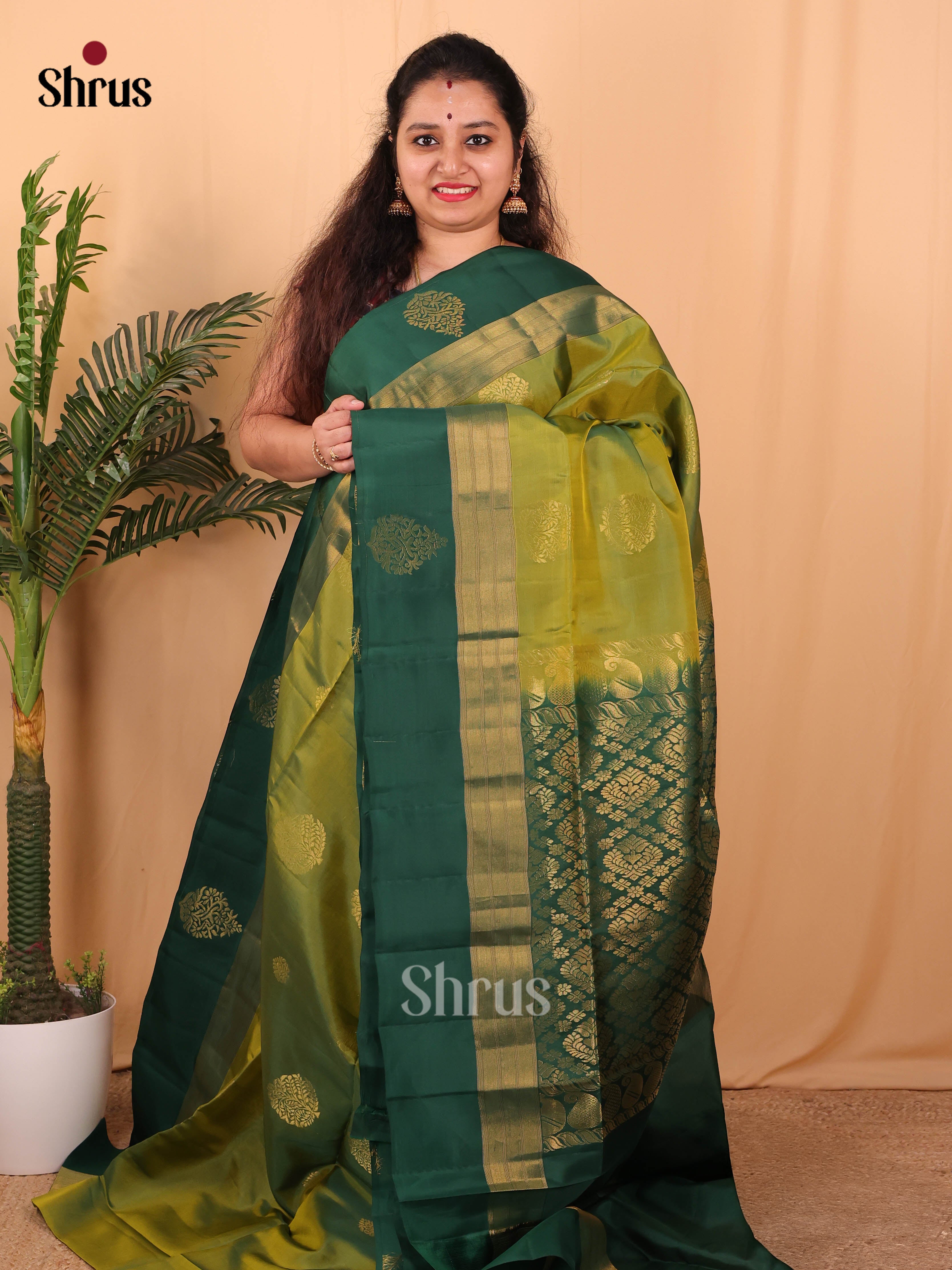 Leaf Green & Green - Softsilk-halfpure Saree - Shop on Shrus.com