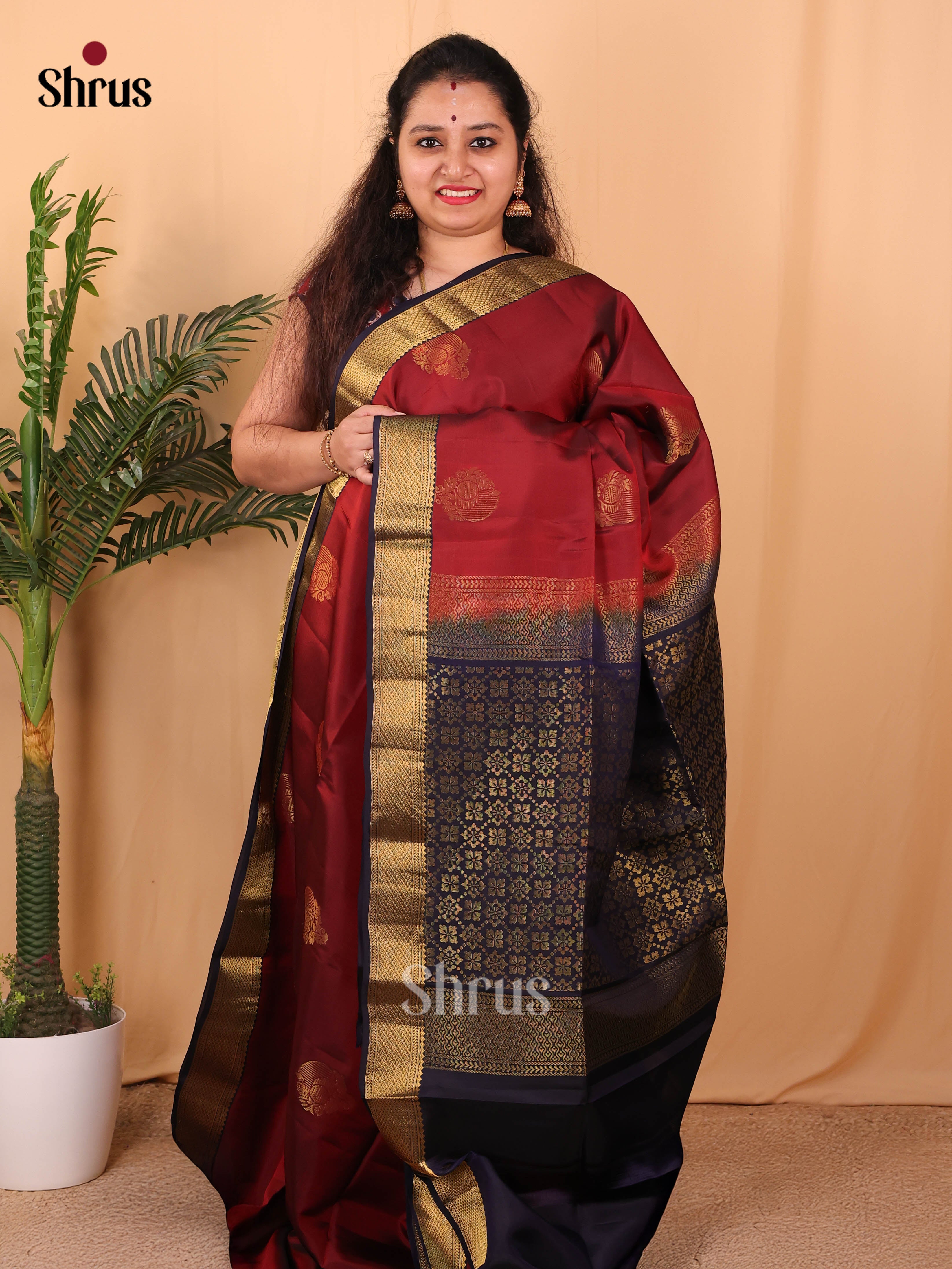 Maroon & Blue  - Softsilk-halfpure Saree - Shop on Shrus.com