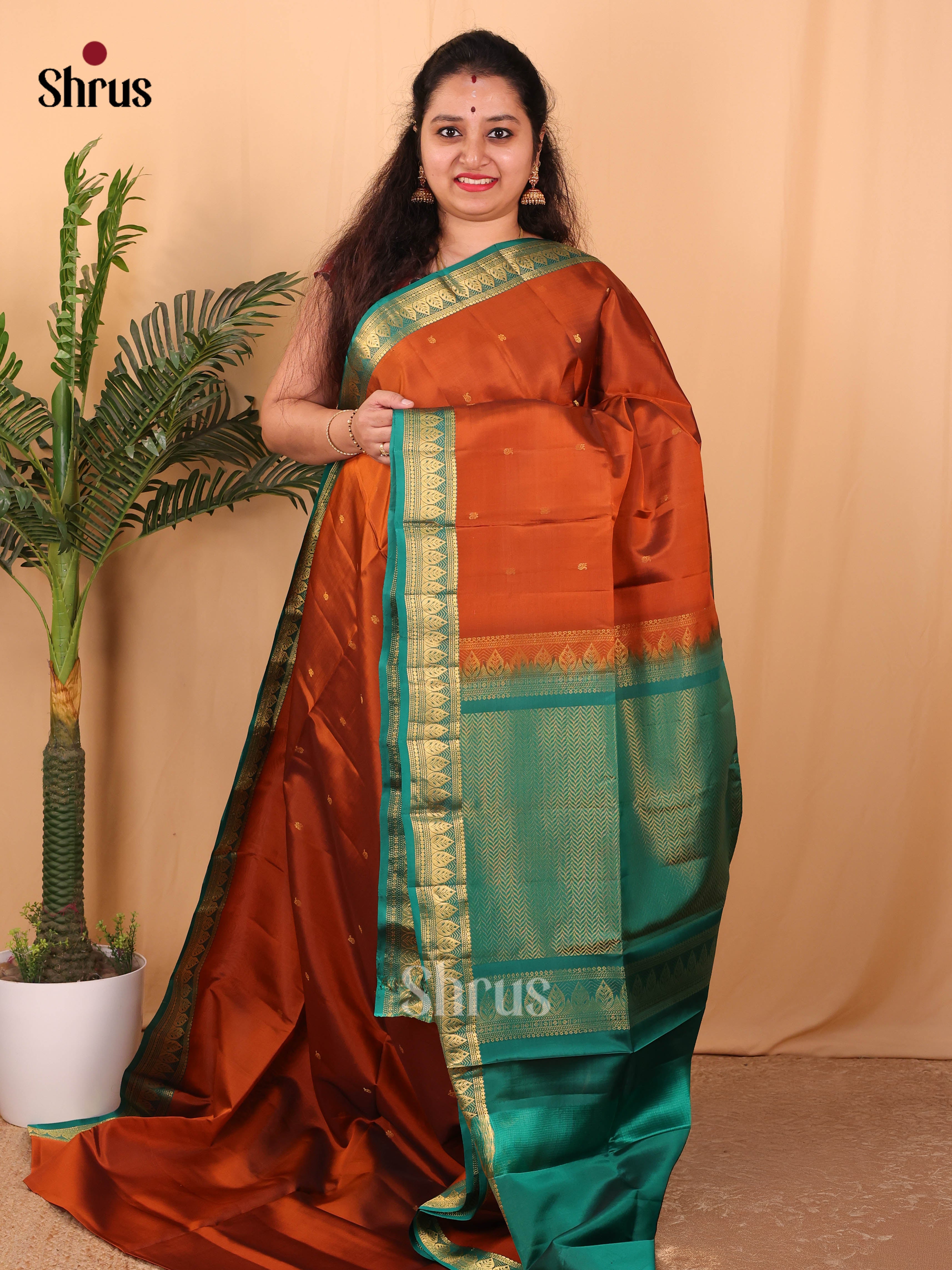 Rust & Green - Softsilk-halfpure Saree - Shop on Shrus.com