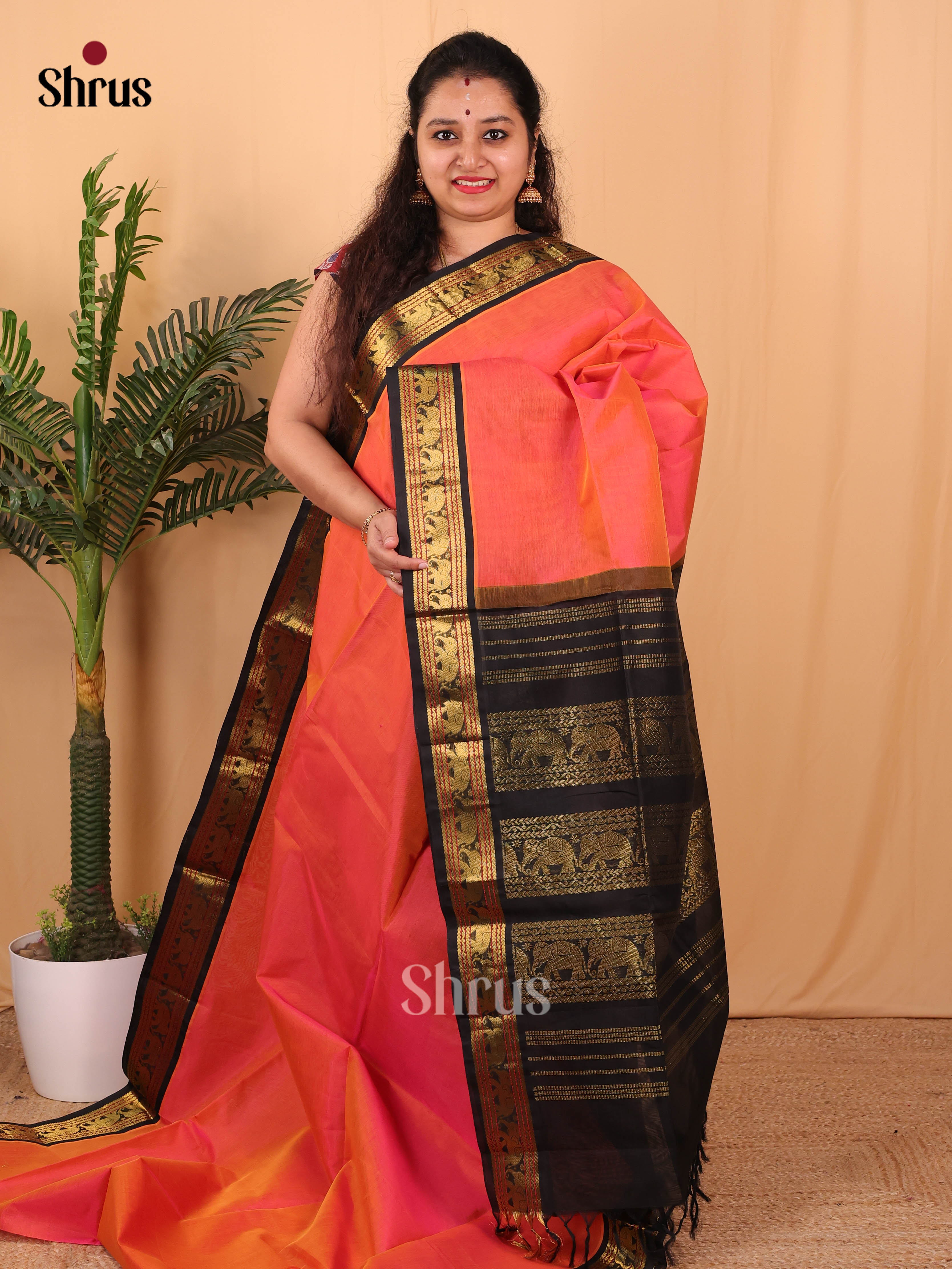 Orange & Black - Silk Cotton Saree - Shop on Shrus.com