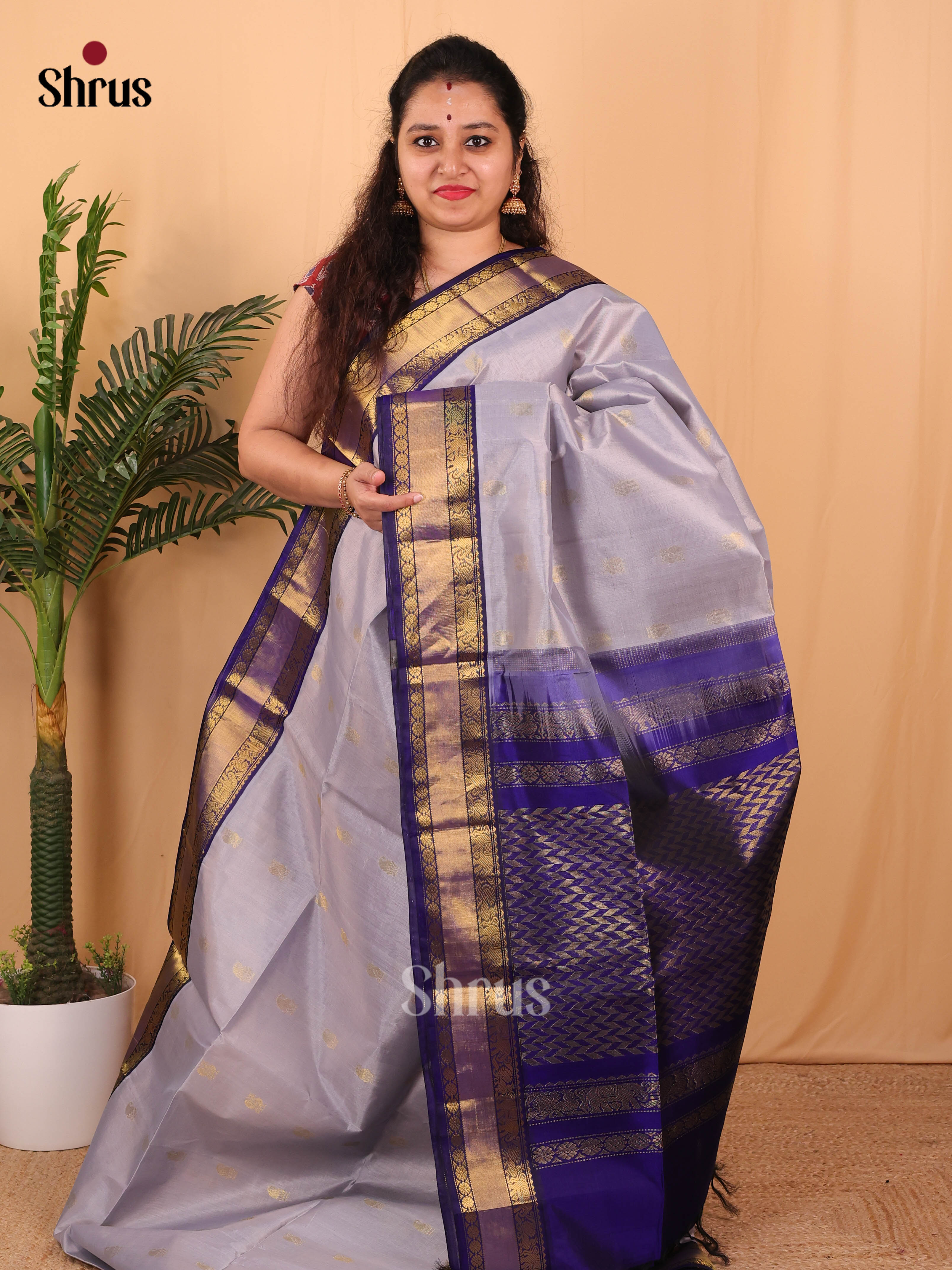 Grey & Blue - Silk Cotton Saree - Shop on Shrus.com