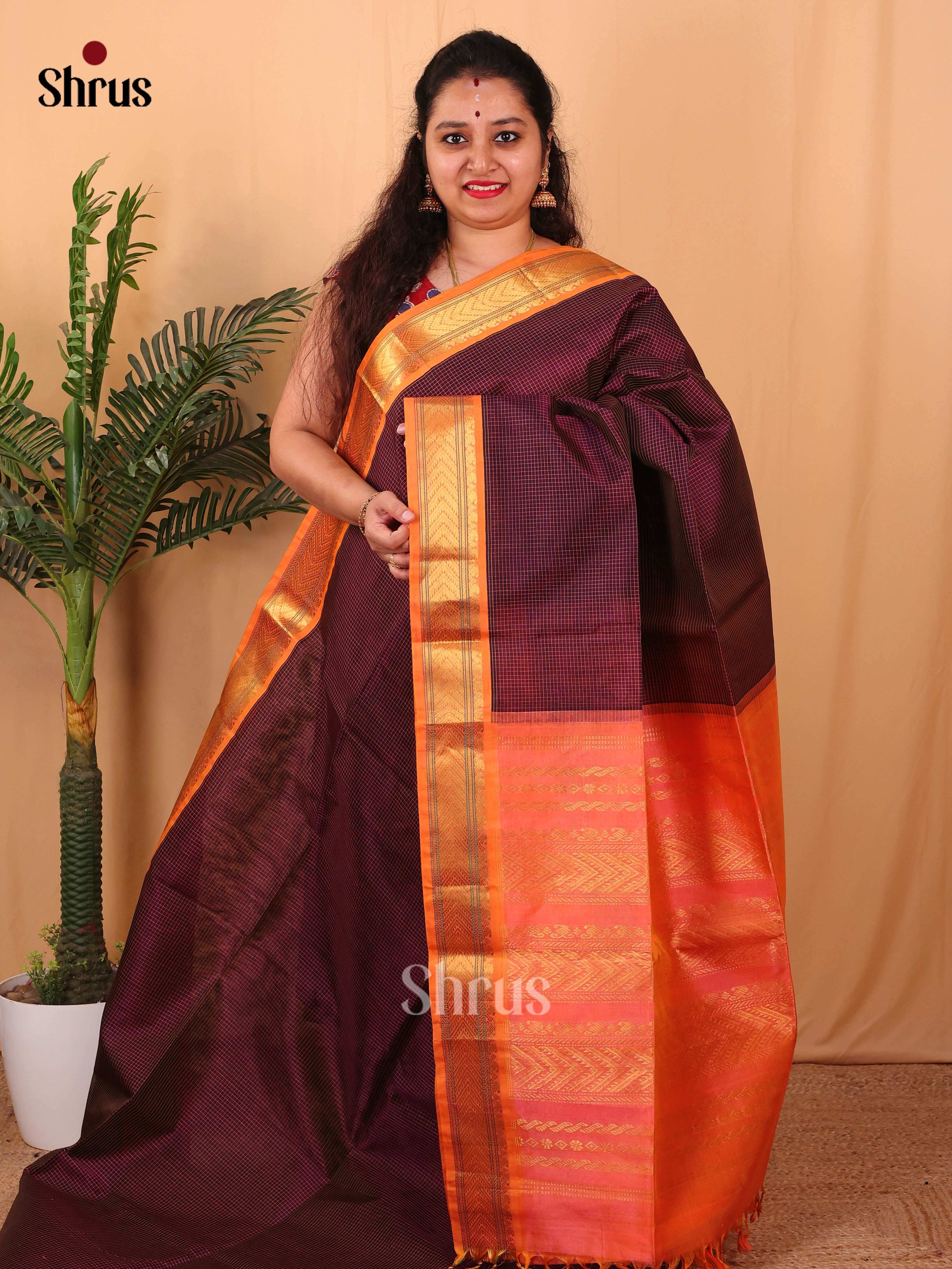 Maroon & Orange - Silk Cotton Saree - Shop on Shrus.com