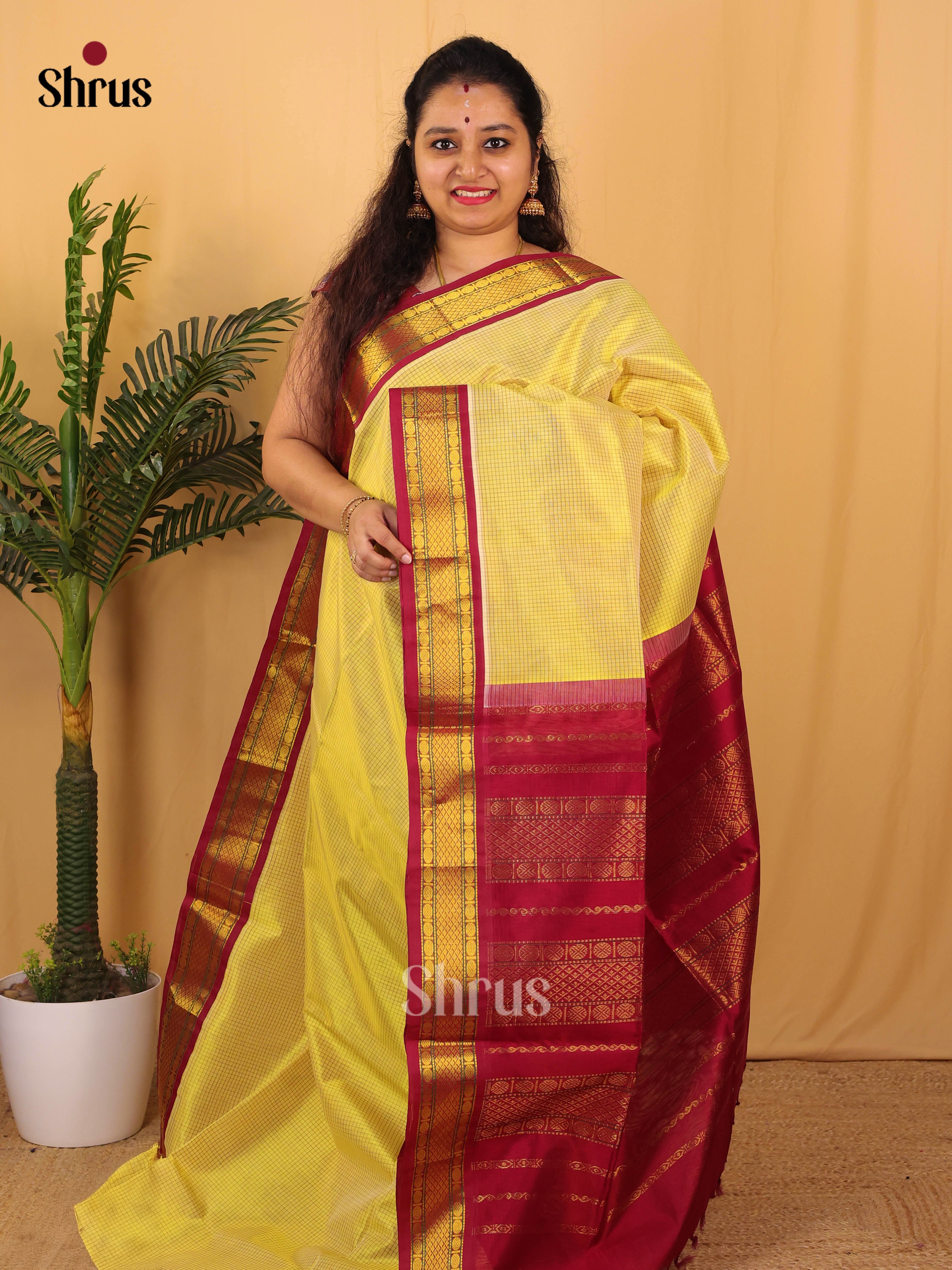 Yellow & Maroon - Silk Cotton Saree - Shop on Shrus.com