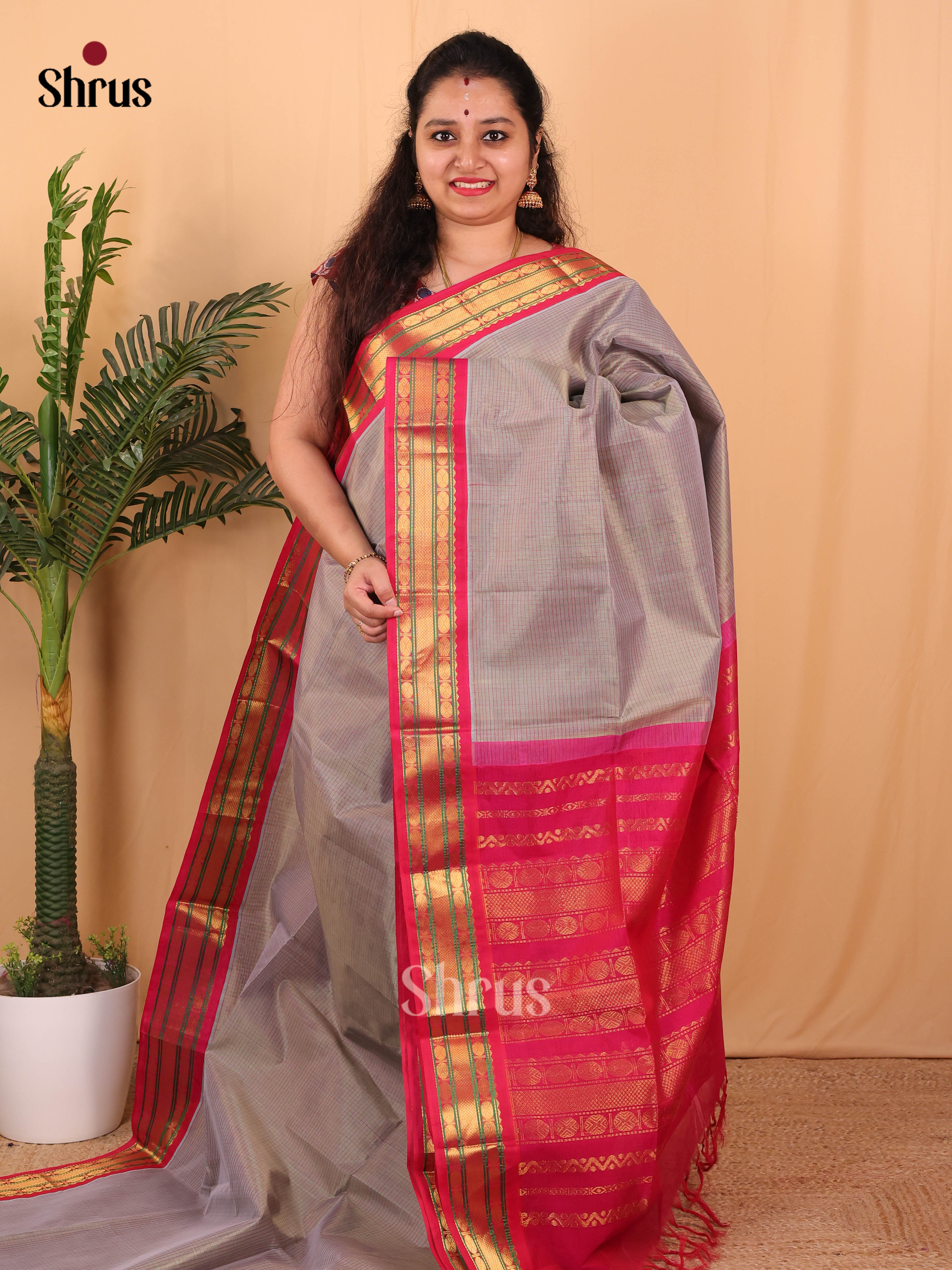 Grey & Maroon - Silk Cotton Saree - Shop on Shrus.com