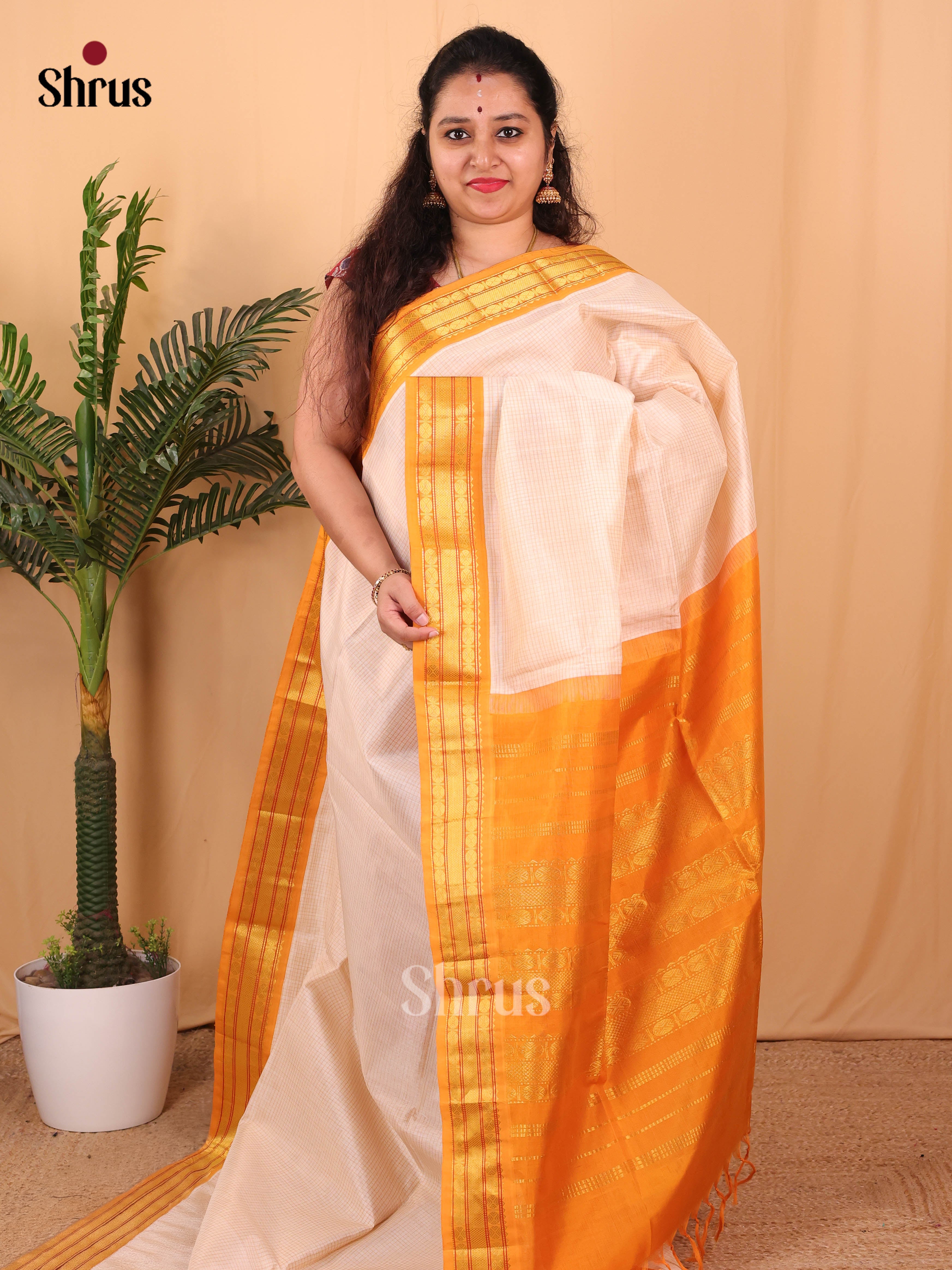 Cream & Orange - Silk Cotton Saree - Shop on Shrus.com