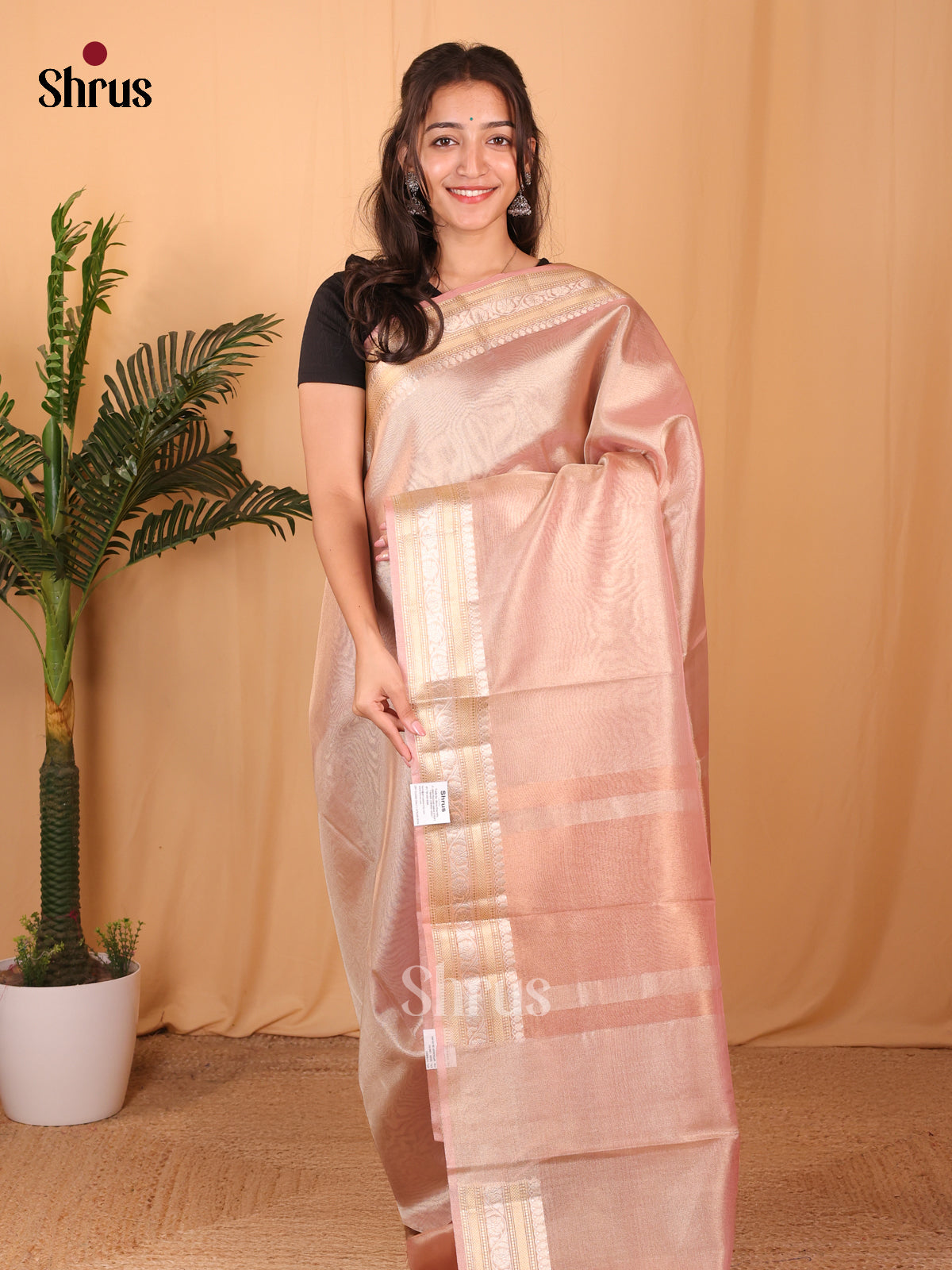 Peachish Pink - Semi Tissue Saree - Shop on Shrus.com