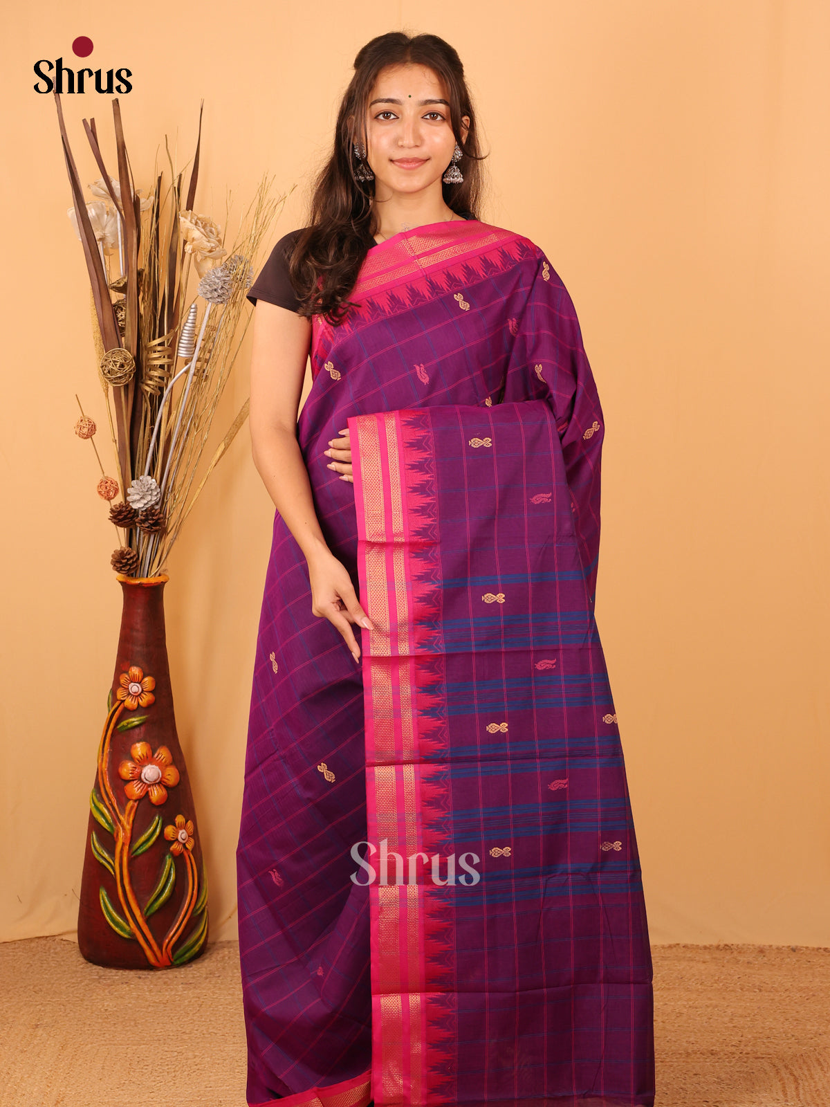 Violet & Pink - Chettinad Mix Cotton Saree - Shop on Shrus.com