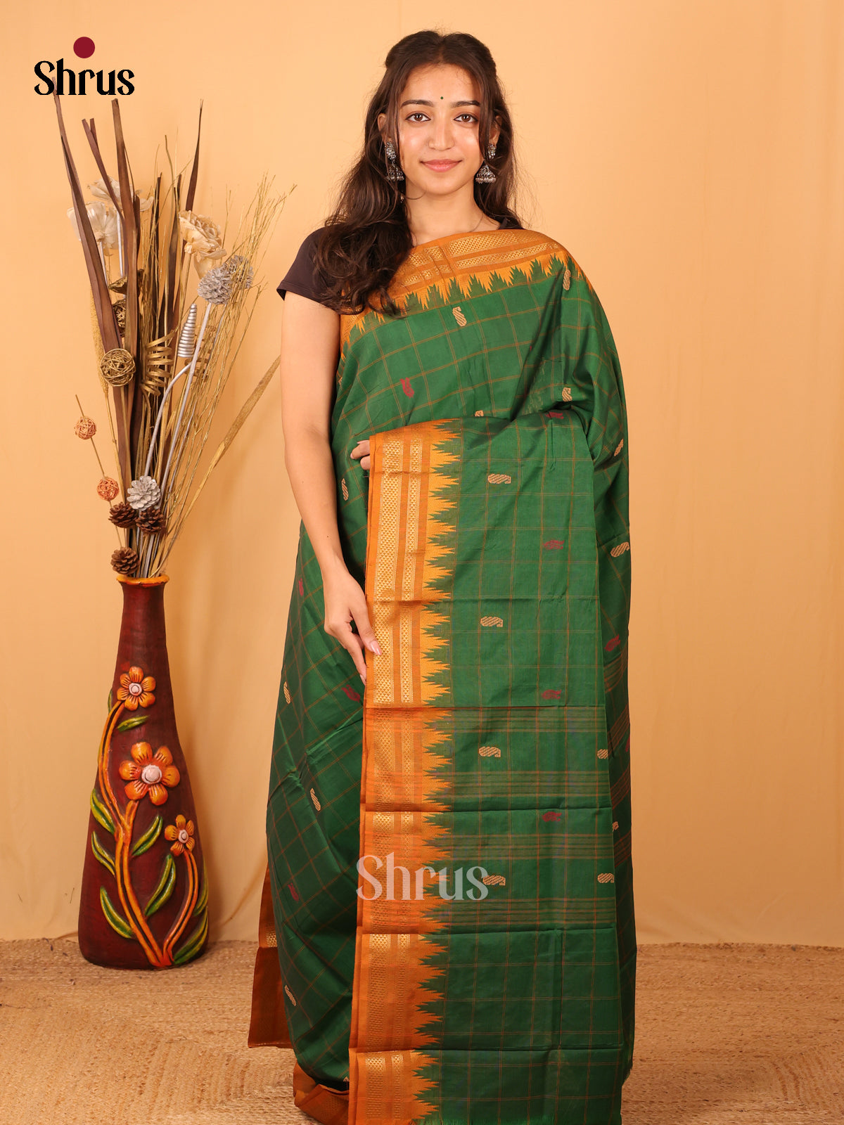 Green & Mustard - Chettinad Mix Cotton Saree - Shop on Shrus.com