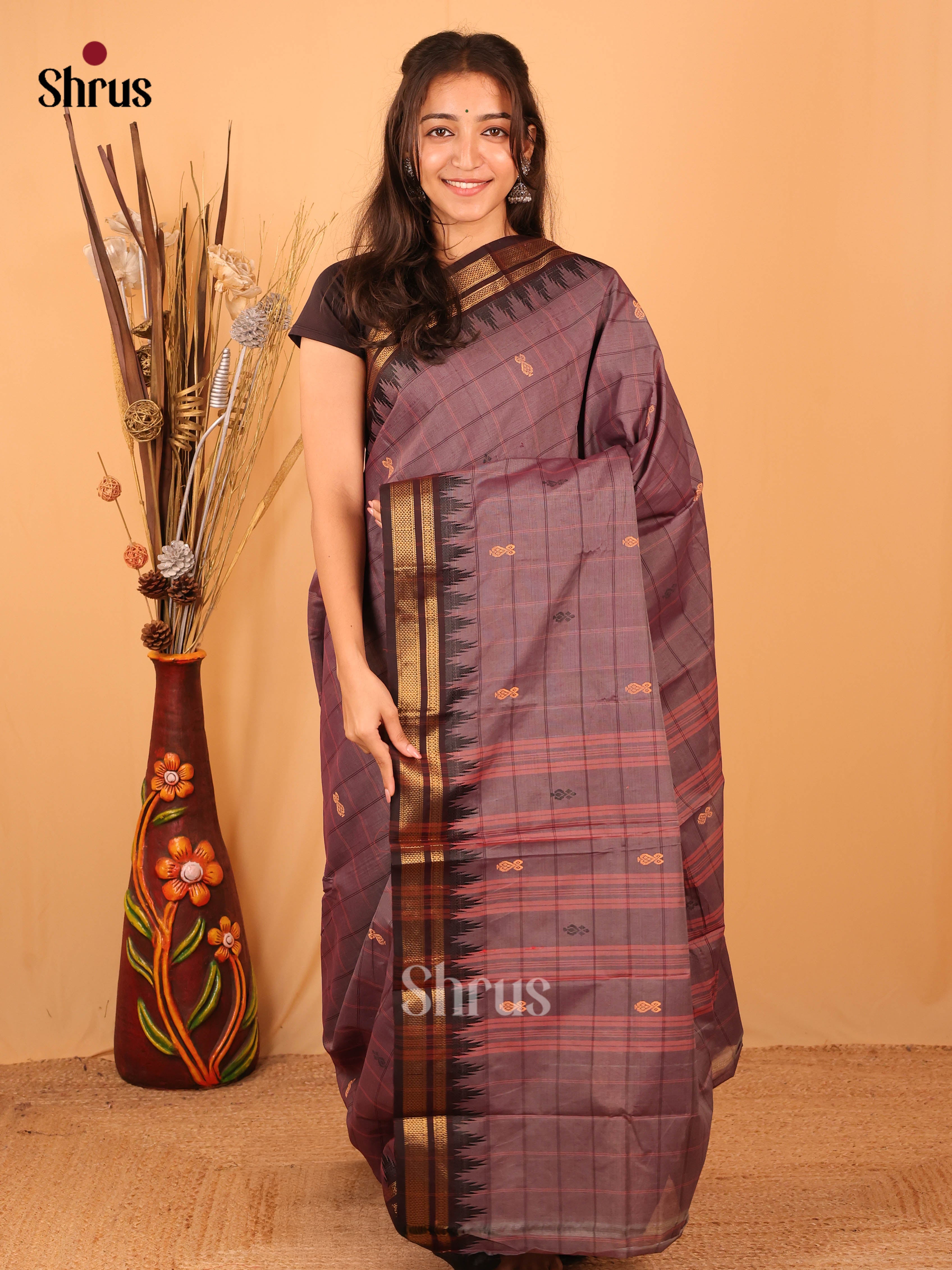 Purple & Black - Chettinad Mix Cotton Saree - Shop on Shrus.com