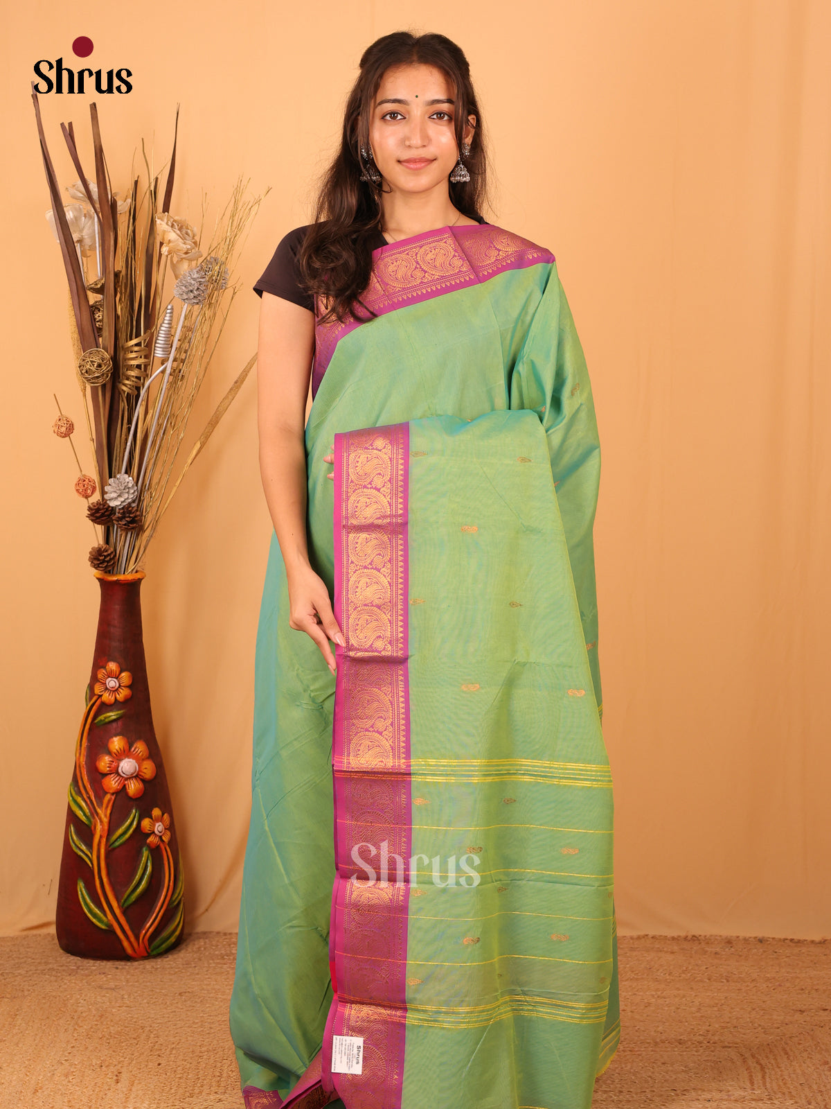 Green & Purple - Chettinad Mix Cotton Saree - Shop on Shrus.com