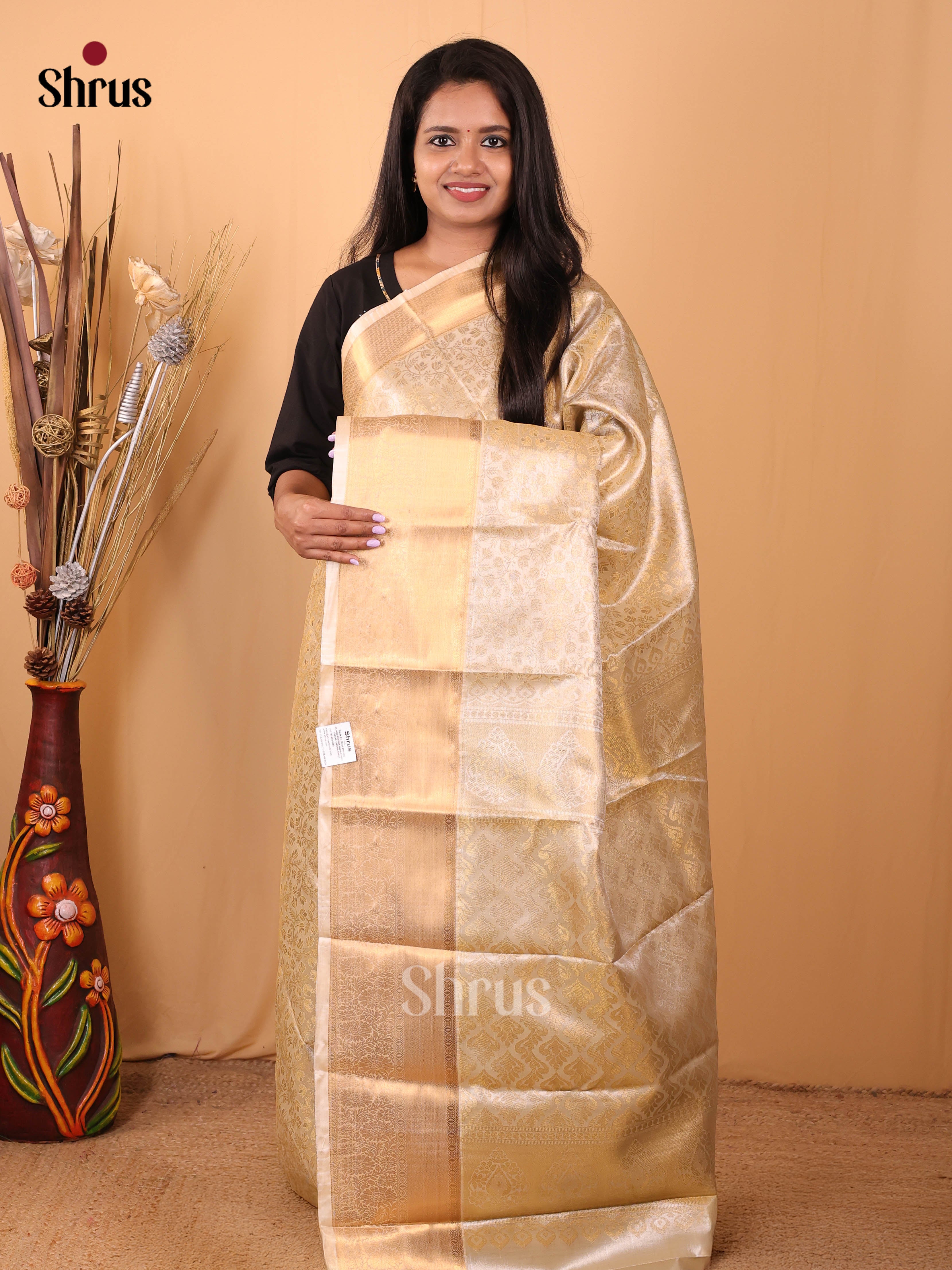 Cream- Kanchipuram-halfpure Saree - Shop on Shrus.com