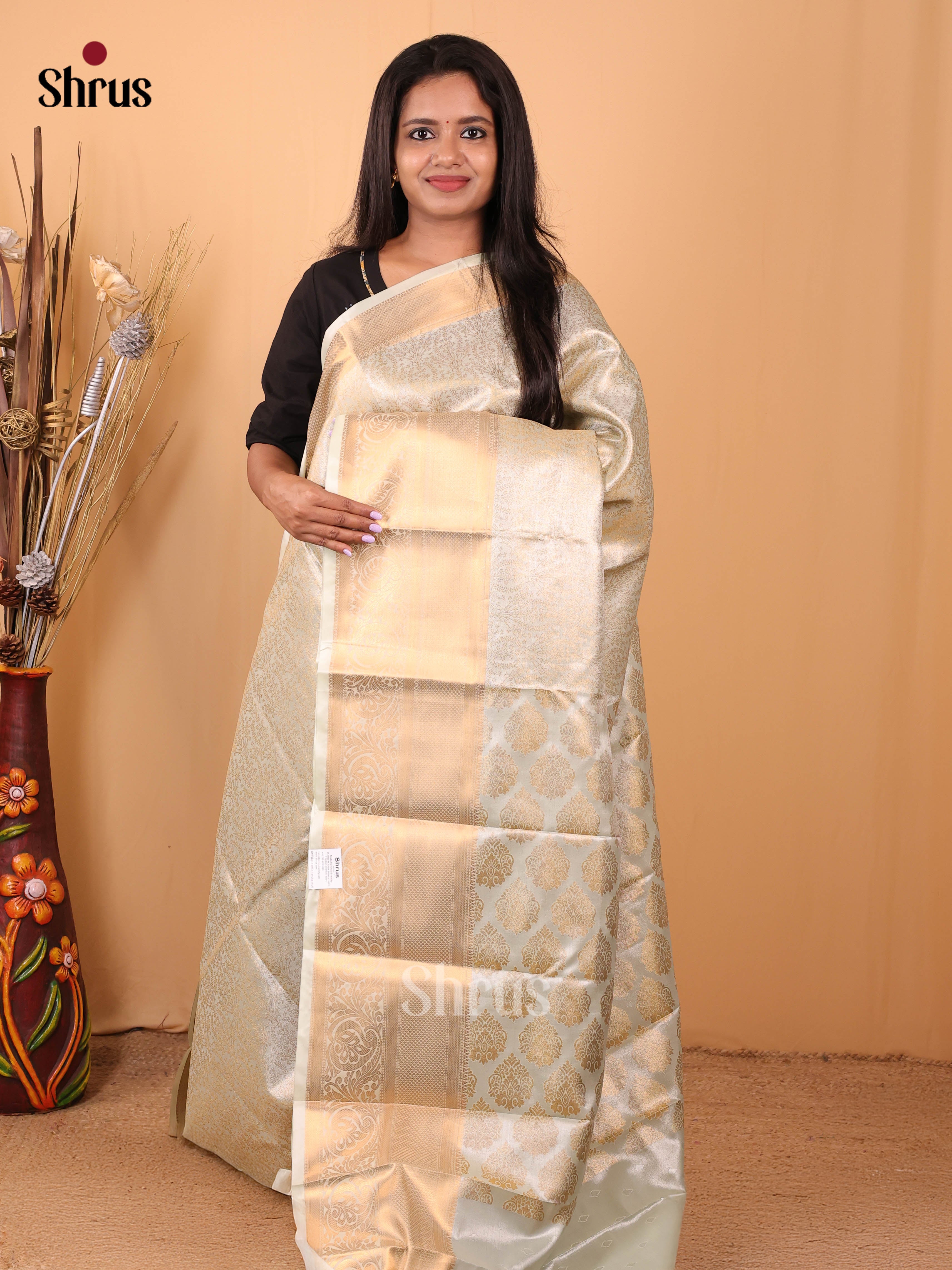 Cream - Kanchipuram-halfpure Saree - Shop on Shrus.com