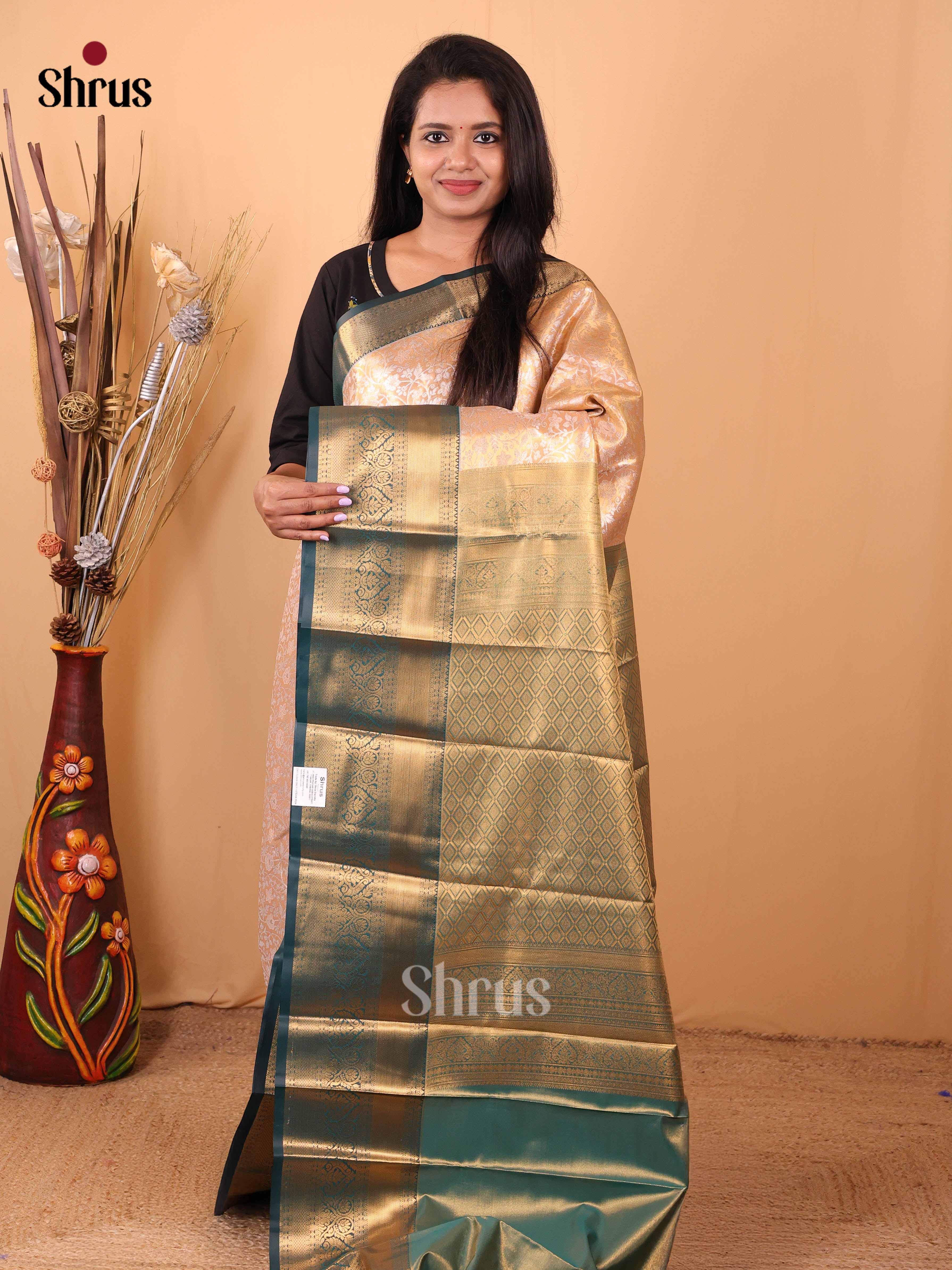 Peach & Green- Kanchipuram-halfpure Saree - Shop on Shrus.com