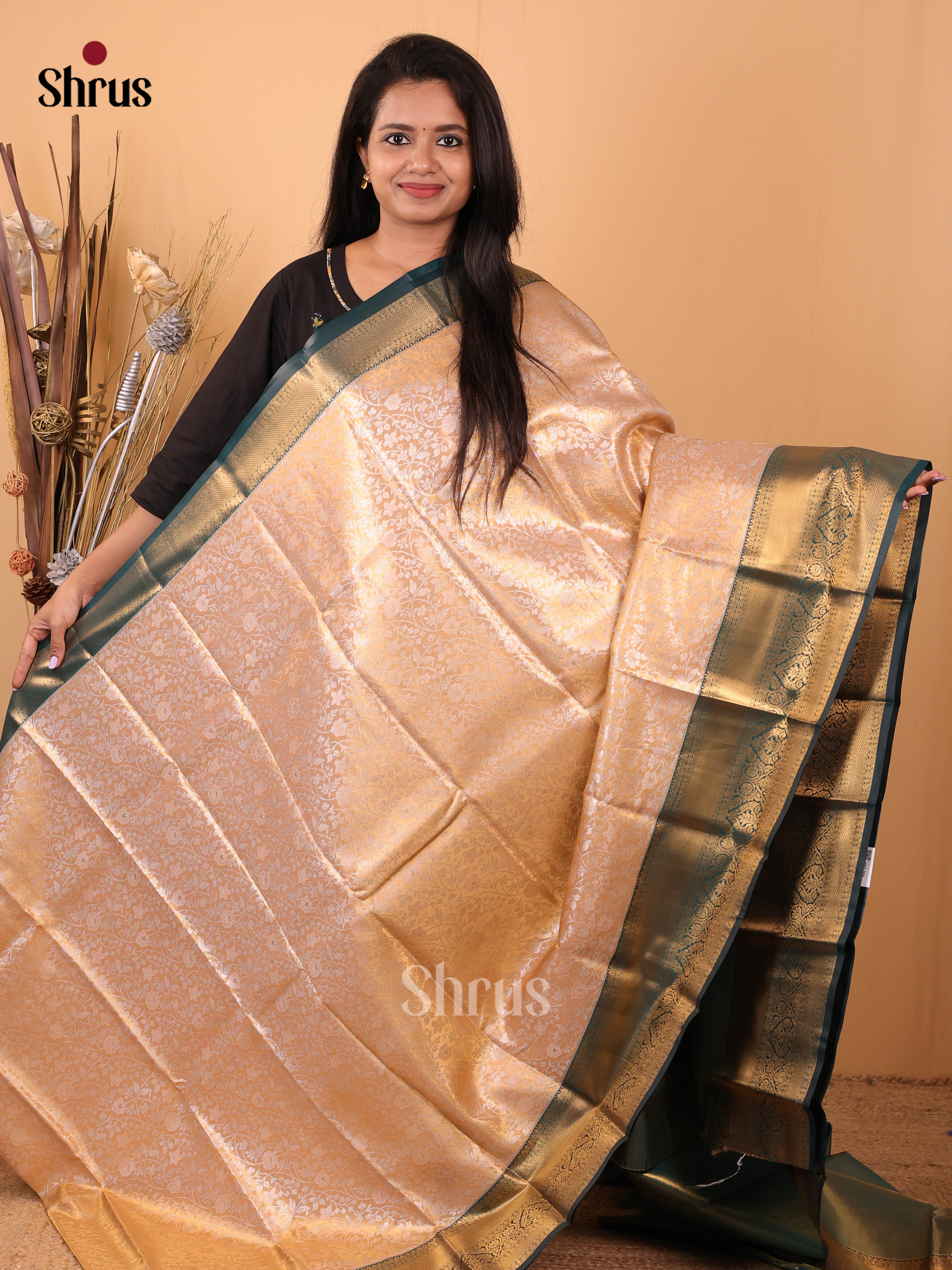 Peach & Green- Kanchipuram-halfpure Saree - Shop on Shrus.com