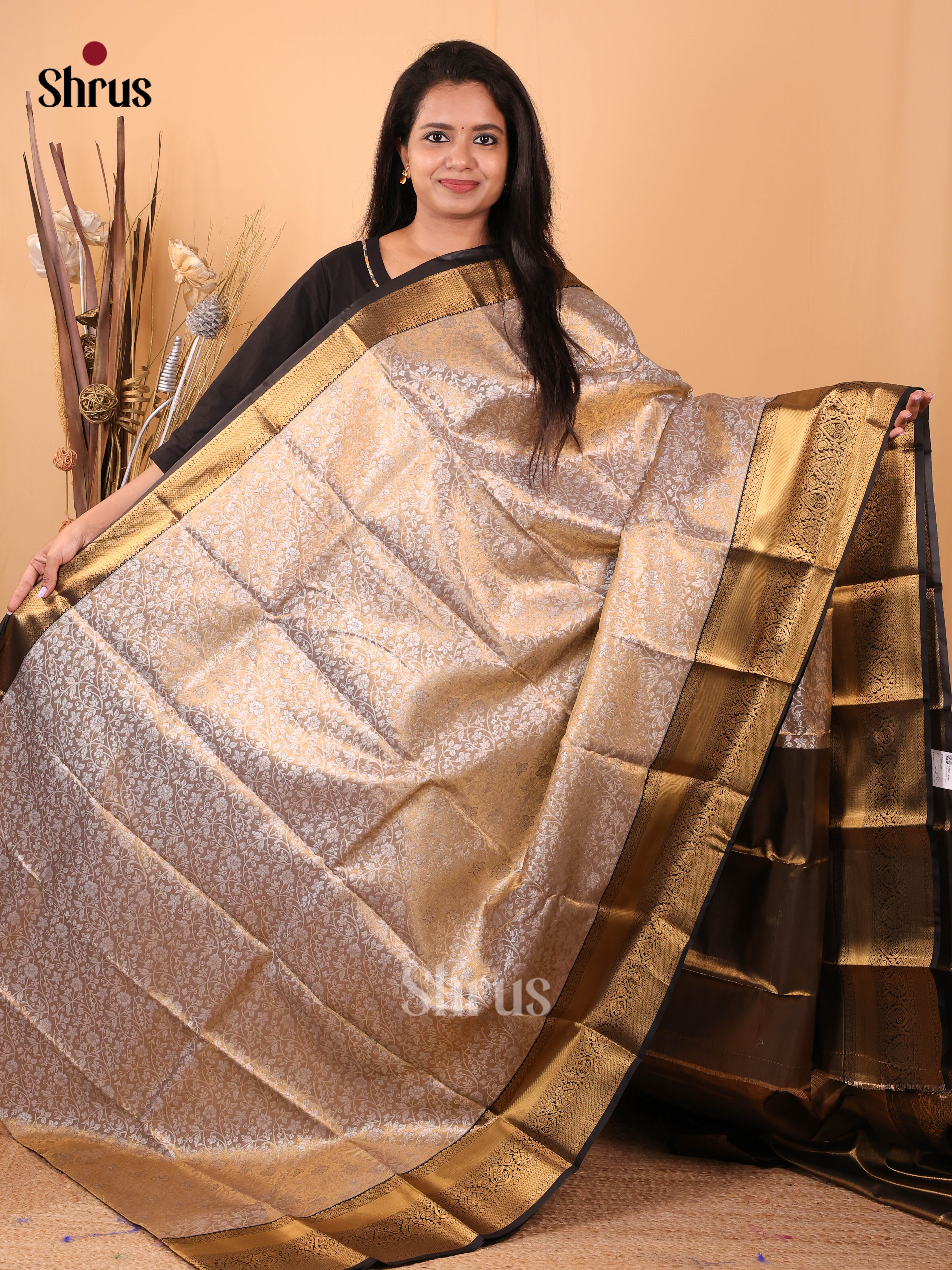 Dusty Brown & Brown- Kanchipuram-halfpure Saree - Shop on Shrus.com
